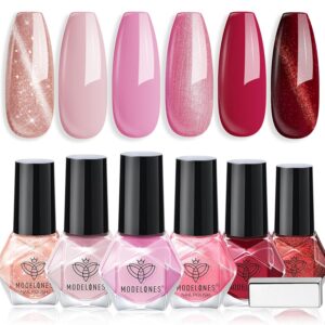 modelones Nail Polish Pink Red Cat Eye 6 Colors Quick Dry Nail Polish Set Mini Finger Long Lasting Fast Drying DIY Manicure Kit Nail Art Home Salon Valentine's Day Gift for Women Girl