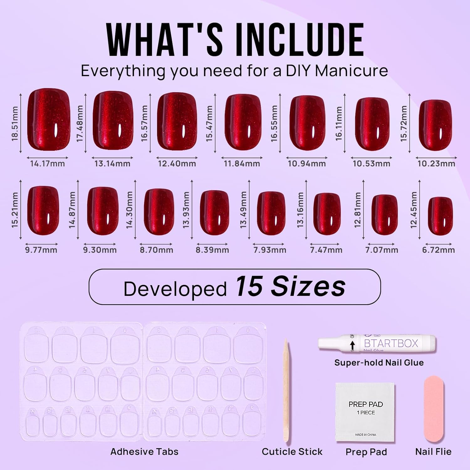 BTArtbox Red Cat Eye Square Short Press On Nails Kit, 30 Glossy Reusable Tips in 15 Sizes - Image 6