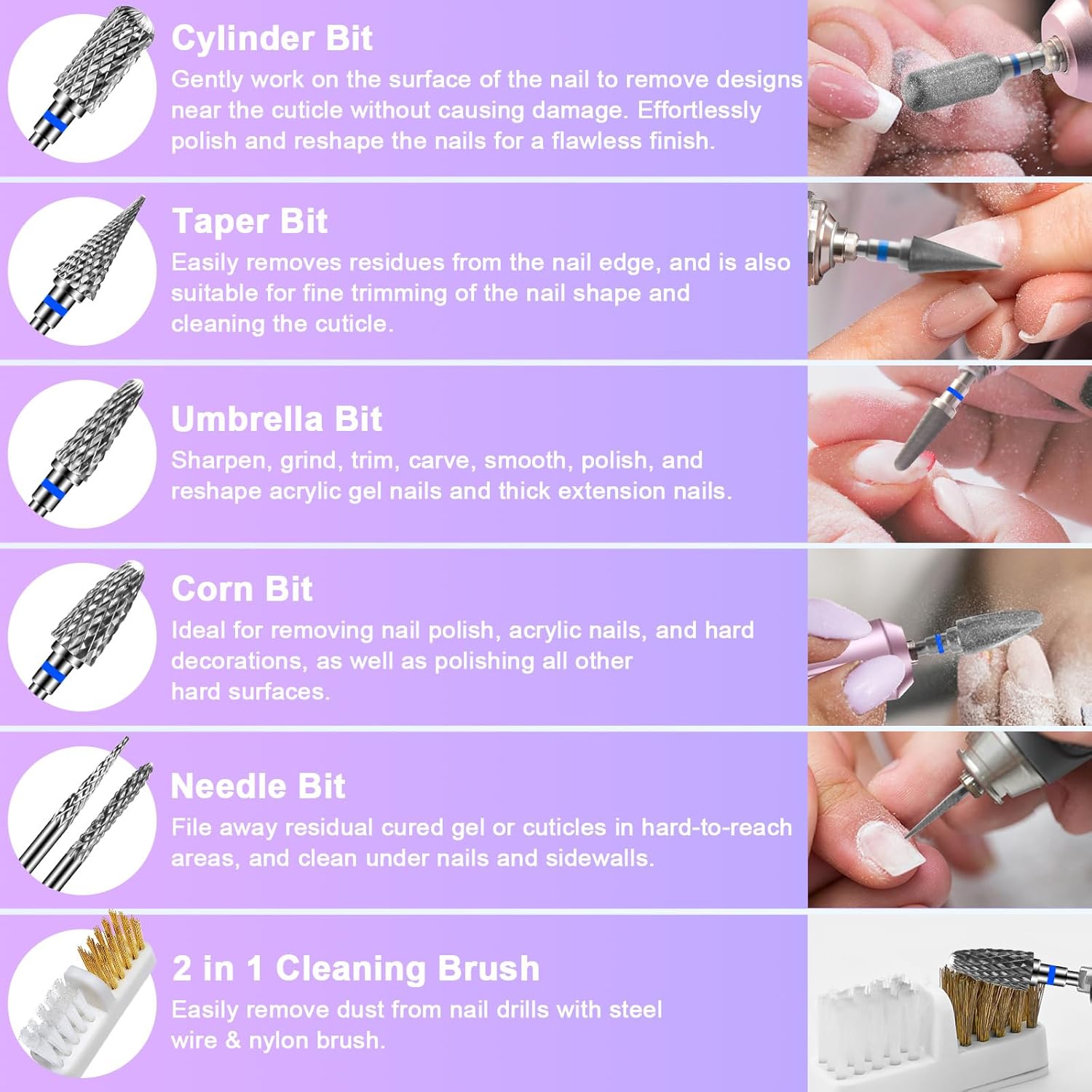 CGBE 6 Piece Nail Drill Bits Set for Acrylic and Gel Removal, 3/32 Inch - Image 6