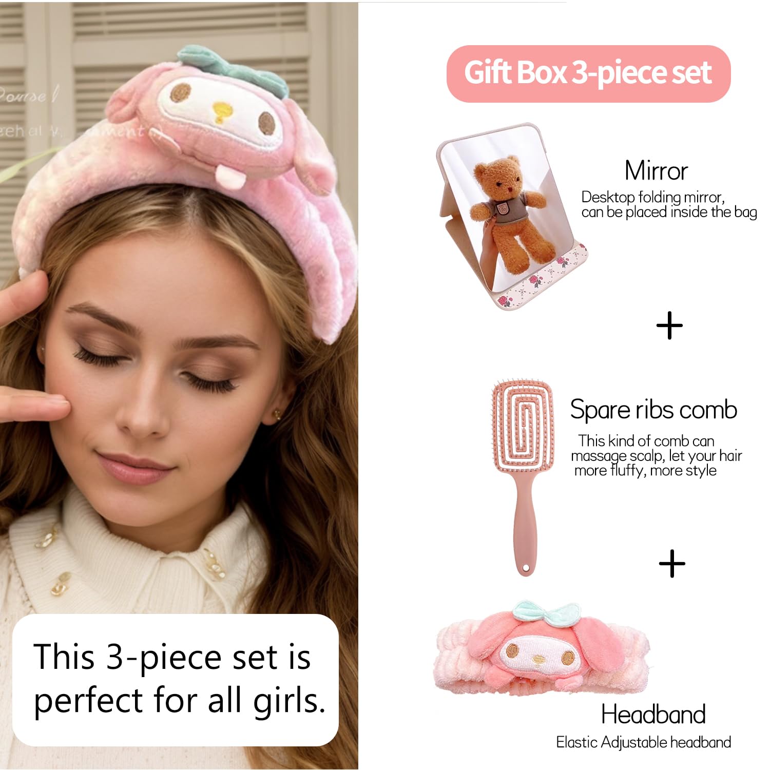 Girls' 3-Piece Hair Styling Set with Comb, Detangler Brush, Mirror, and Headband - Image 5