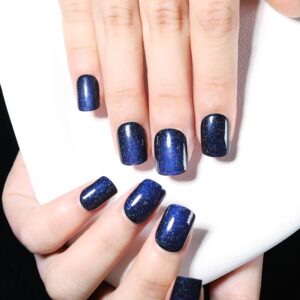 Dark Blue Press on Nails Short, Cat Eye Press on Nails Square, Fashion Gel Fake Nails, Reusable Acrylic Fake Nails, Glossy Stick on Nails for Women Girls Gift, Glue on Nails Kit, Starlit Abyss