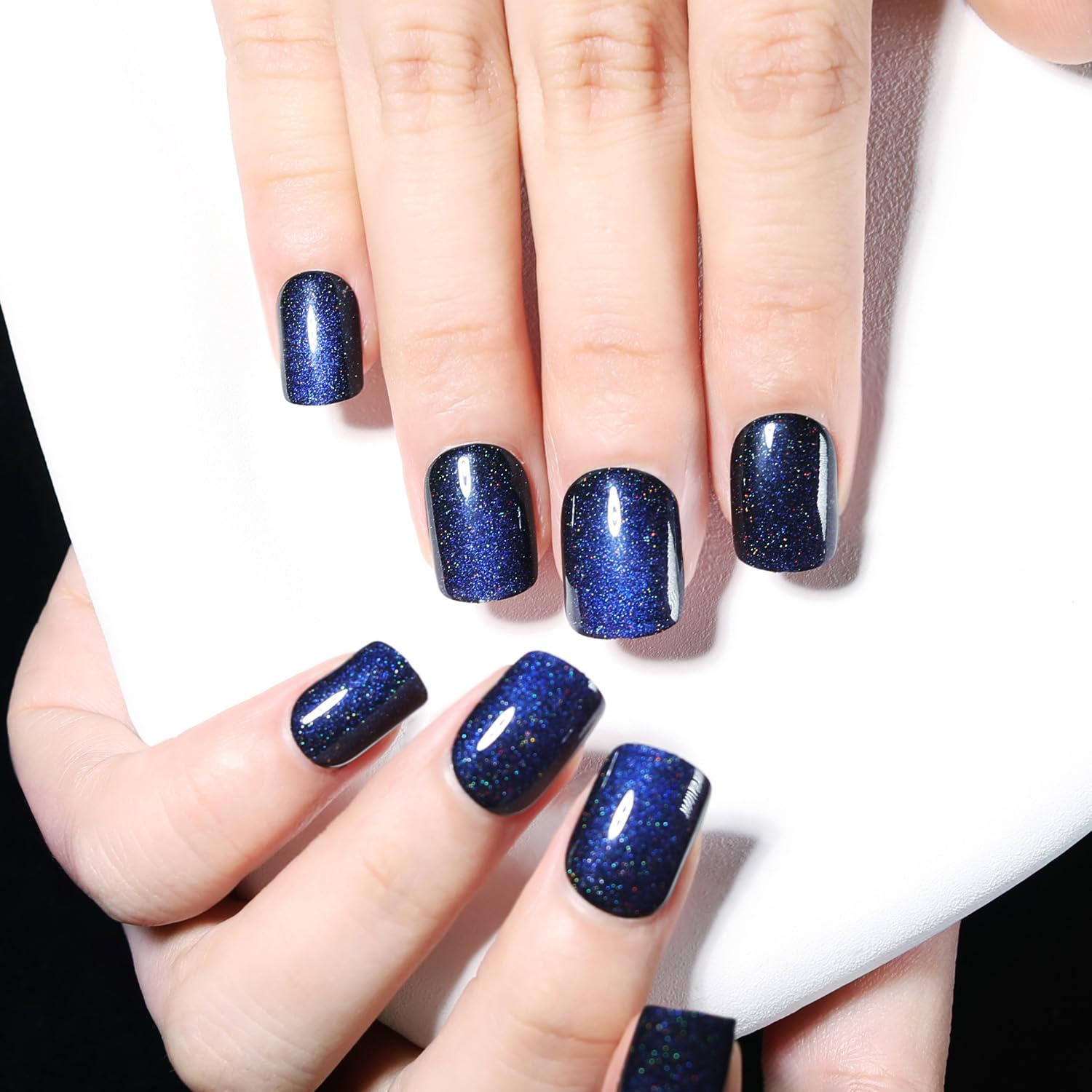 Dark Blue Press on Nails Short, Cat Eye Press on Nails Square, Fashion Gel Fake Nails, Reusable Acrylic Fake Nails, Glossy Stick on Nails for Women Girls Gift, Glue on Nails Kit, Starlit Abyss