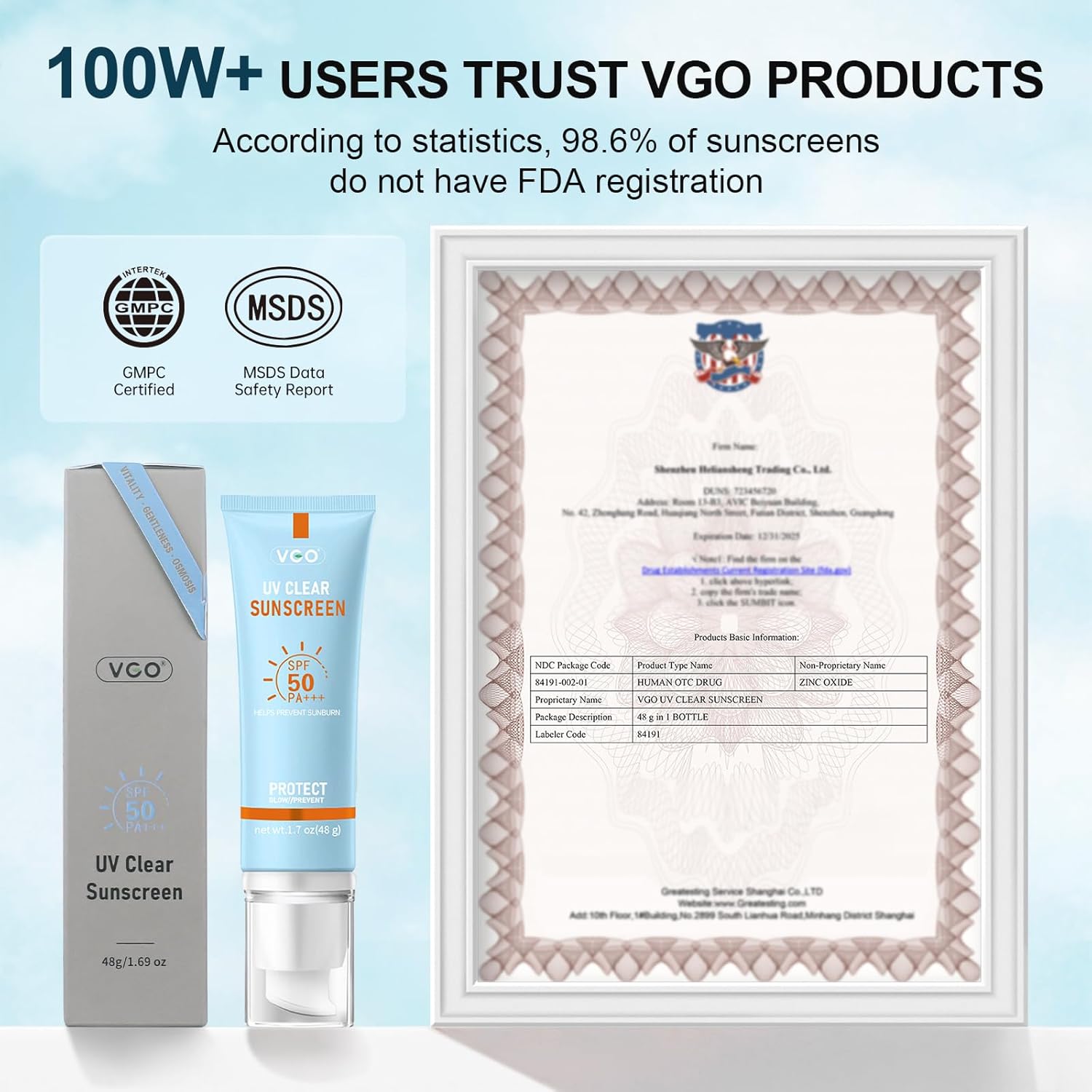 VGO Mineral Face Sunscreen SPF 50 Oil-Free Moisturizer Reef Safe Travel Size - Image 7
