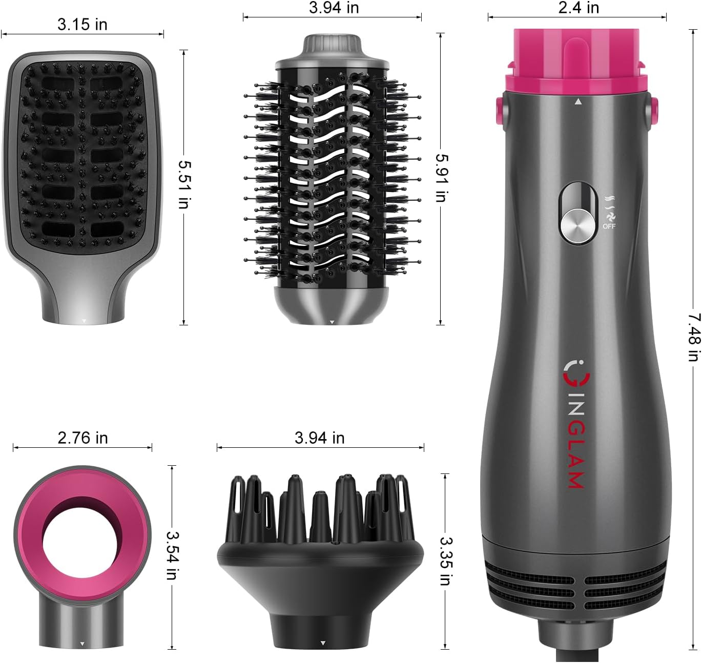 IG INGLAM 4-in-1 Gray Hot Air Brush and Volumizer with 2 Detachable Brush Heads - Image 5