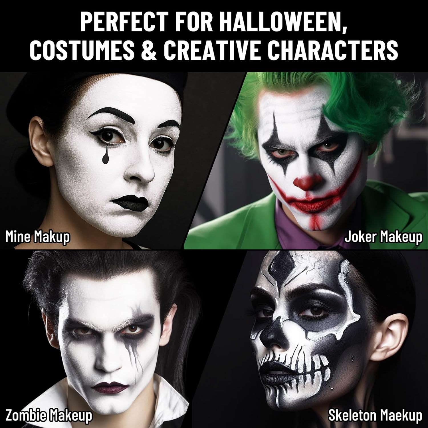 BOBISUKA Black White Face Body Paint Kit with Setting Powder 3 Brushes Adult Size - Image 4