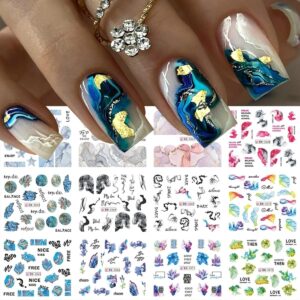 Marble Wave Nail Art Stickers 12 Sheets Spring Nail Decals Blooming Ink Painting Water Transfer Nail Stickers for Women Girls Blue Green Wave Line Nail Art Supplies for DIY Nail Art Decorations