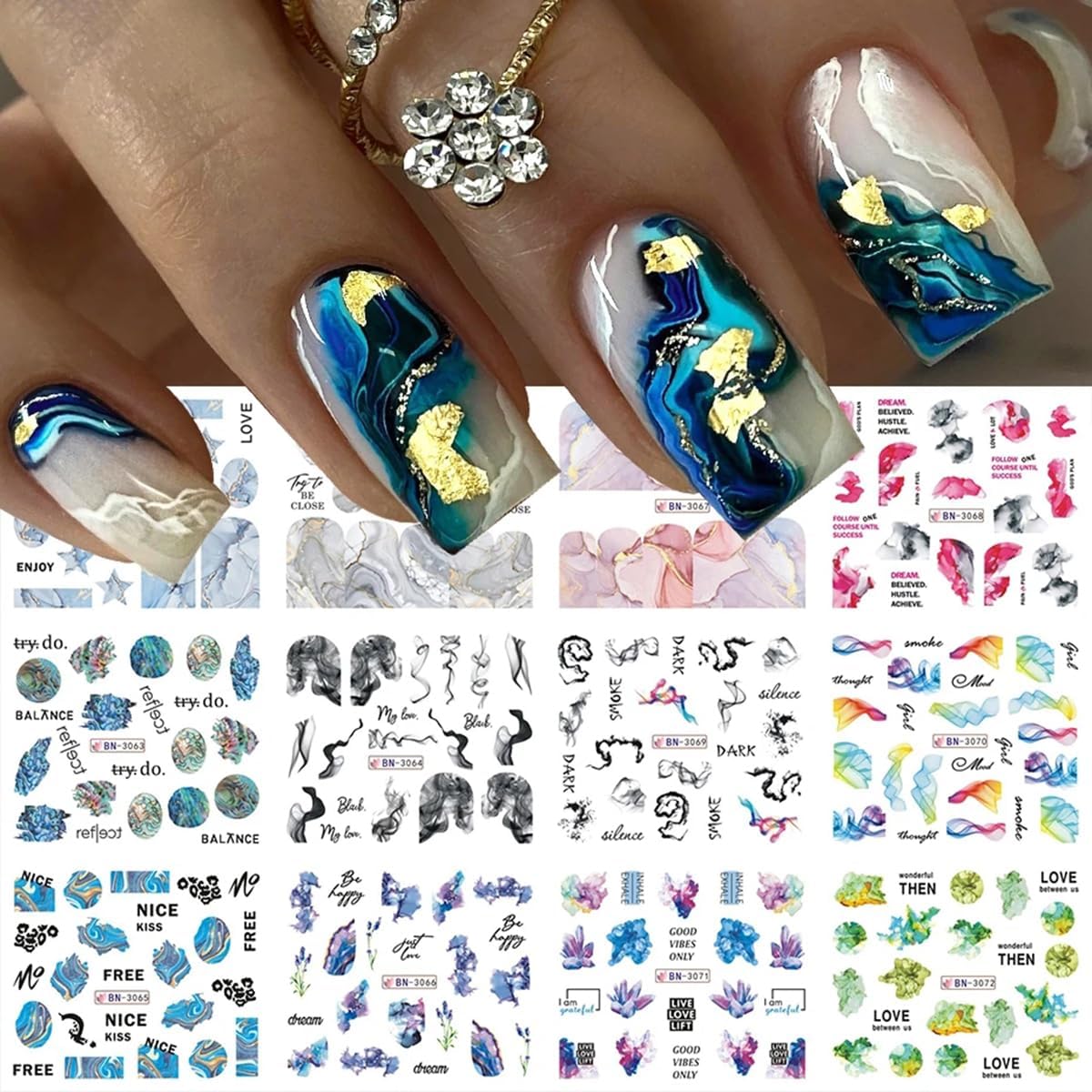 Marble Wave Nail Art Stickers 12 Sheets Spring Nail Decals Blooming Ink Painting Water Transfer Nail Stickers for Women Girls Blue Green Wave Line Nail Art Supplies for DIY Nail Art Decorations