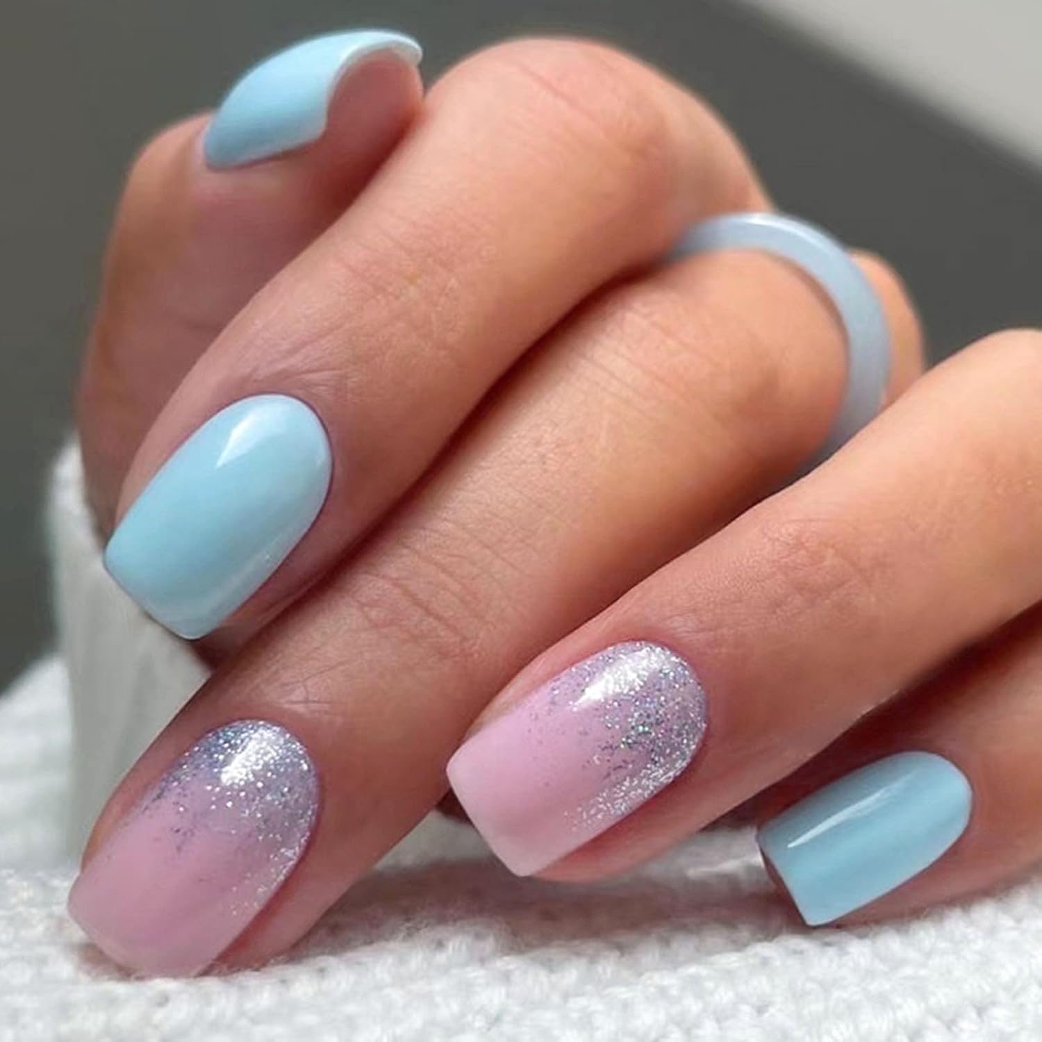 Square Press on Nails Medium Length False Nails with Glitter Designs Summer Acrylic Nails Full Cover Pink Light Blue Stick on Nails Artificial Fake Nails for Girls and Women 24 Pcs