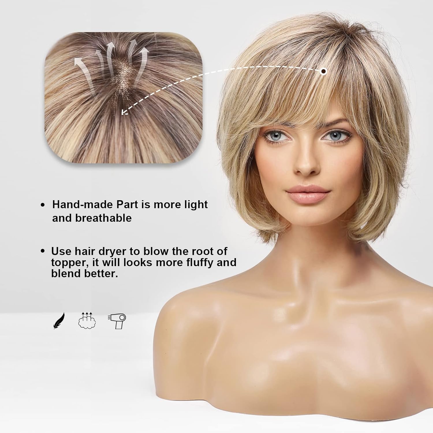 EMMOR 100% Human Hair Hand-Tied Lace Front Wig Women Natural Layered Wavy Style Medium - Image 3