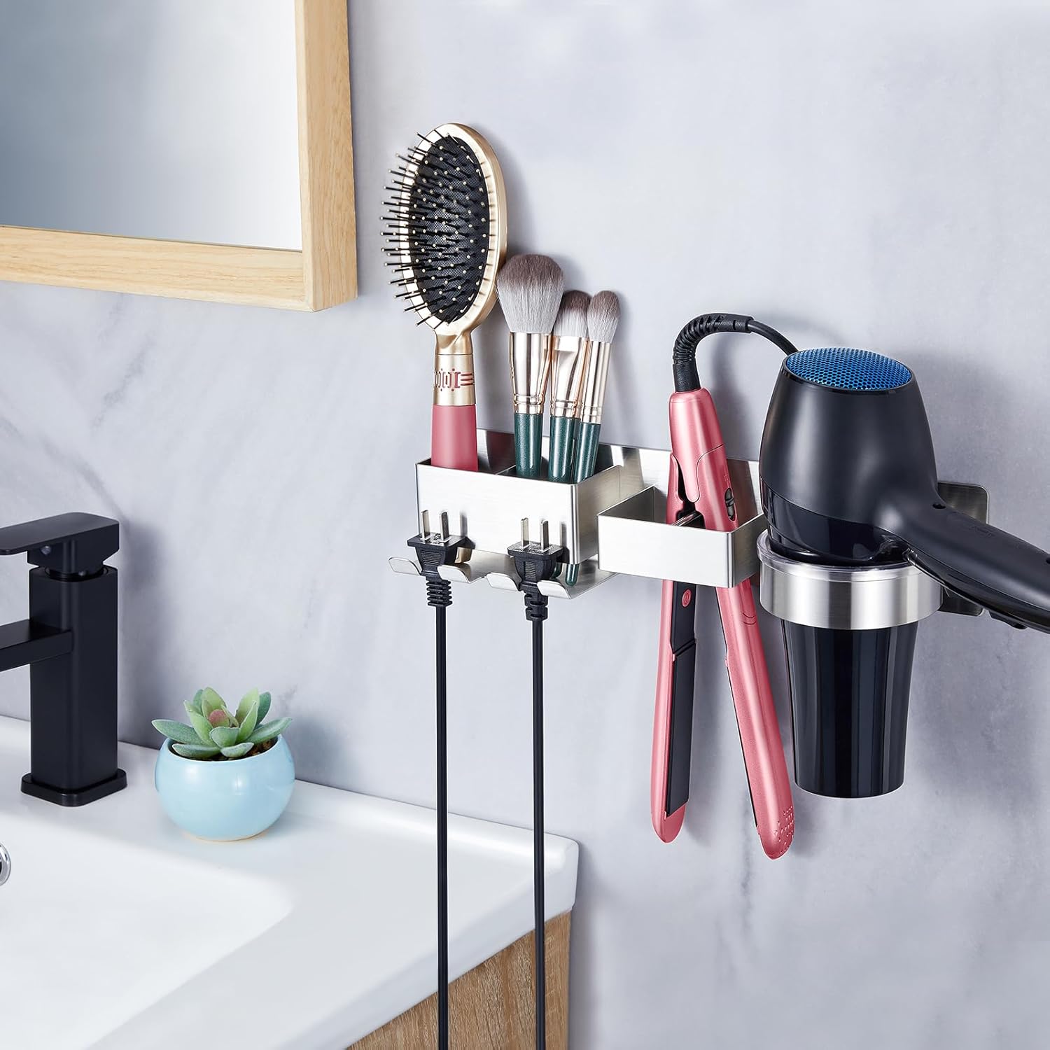 Stainless Steel Wall Mount Hair Tool Organizer for Dryer, Curling Iron, Straightener, Black - Image 3