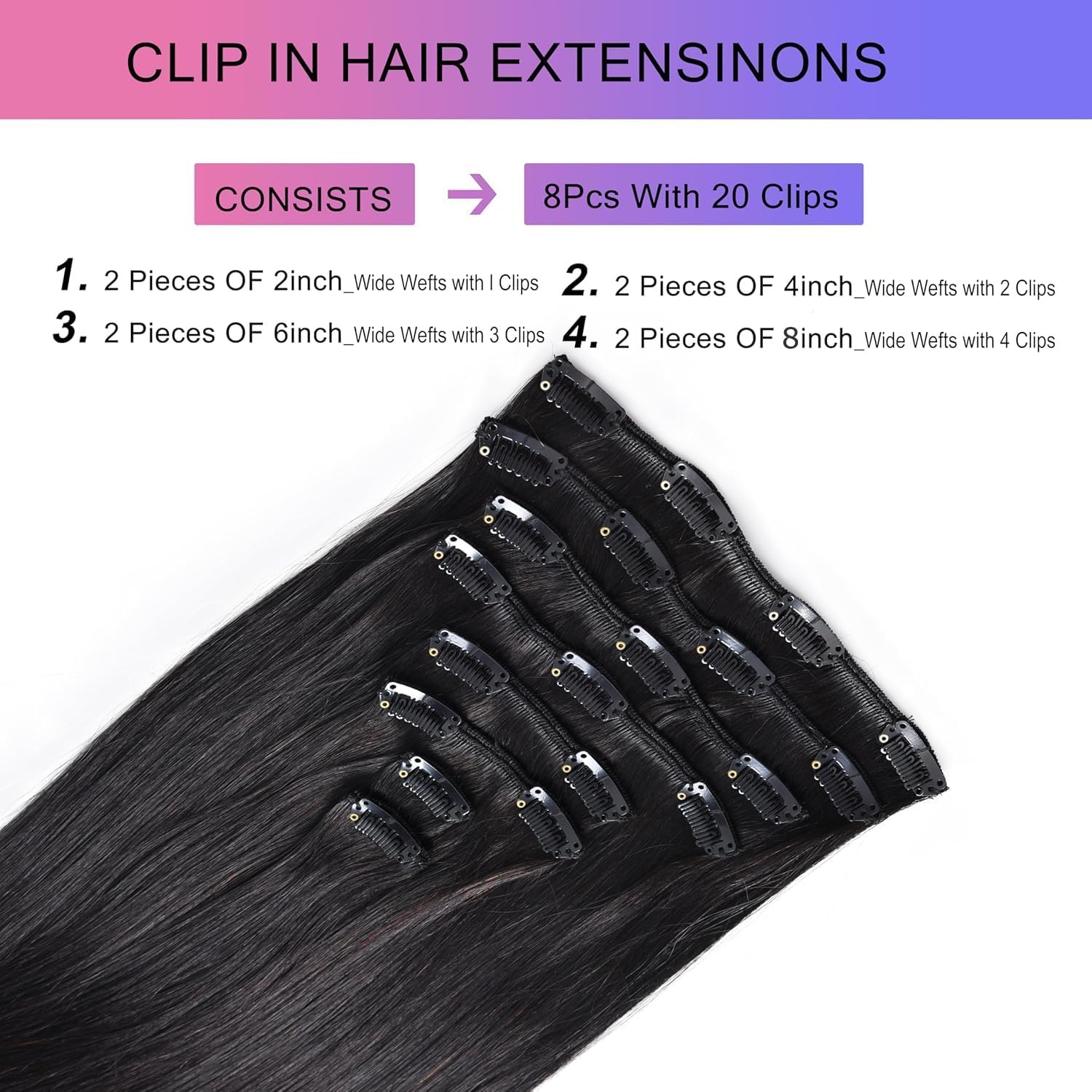 Clip in Hair Extensions Real Human Hair 16 Inch 90g Natural Black 8pcs Set - Image 5