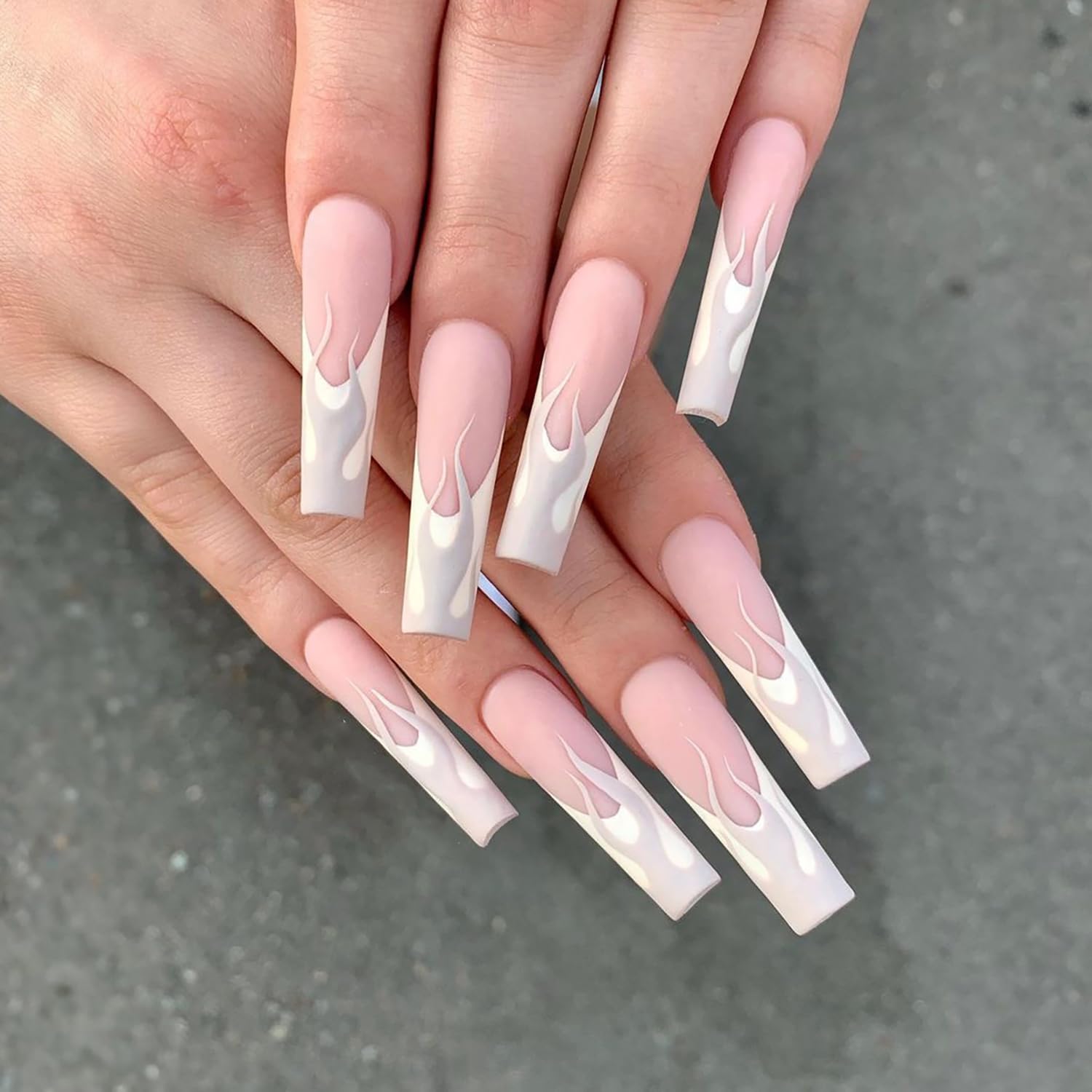 French Tip Press on Nails Long Fake Nails with Designs Grey False Nails with Glue White Coffin Acrylic Nails Neutral Nude Stick on Nails Flame Tips Manicure Accessories Supplies for Women Girls 24Pcs