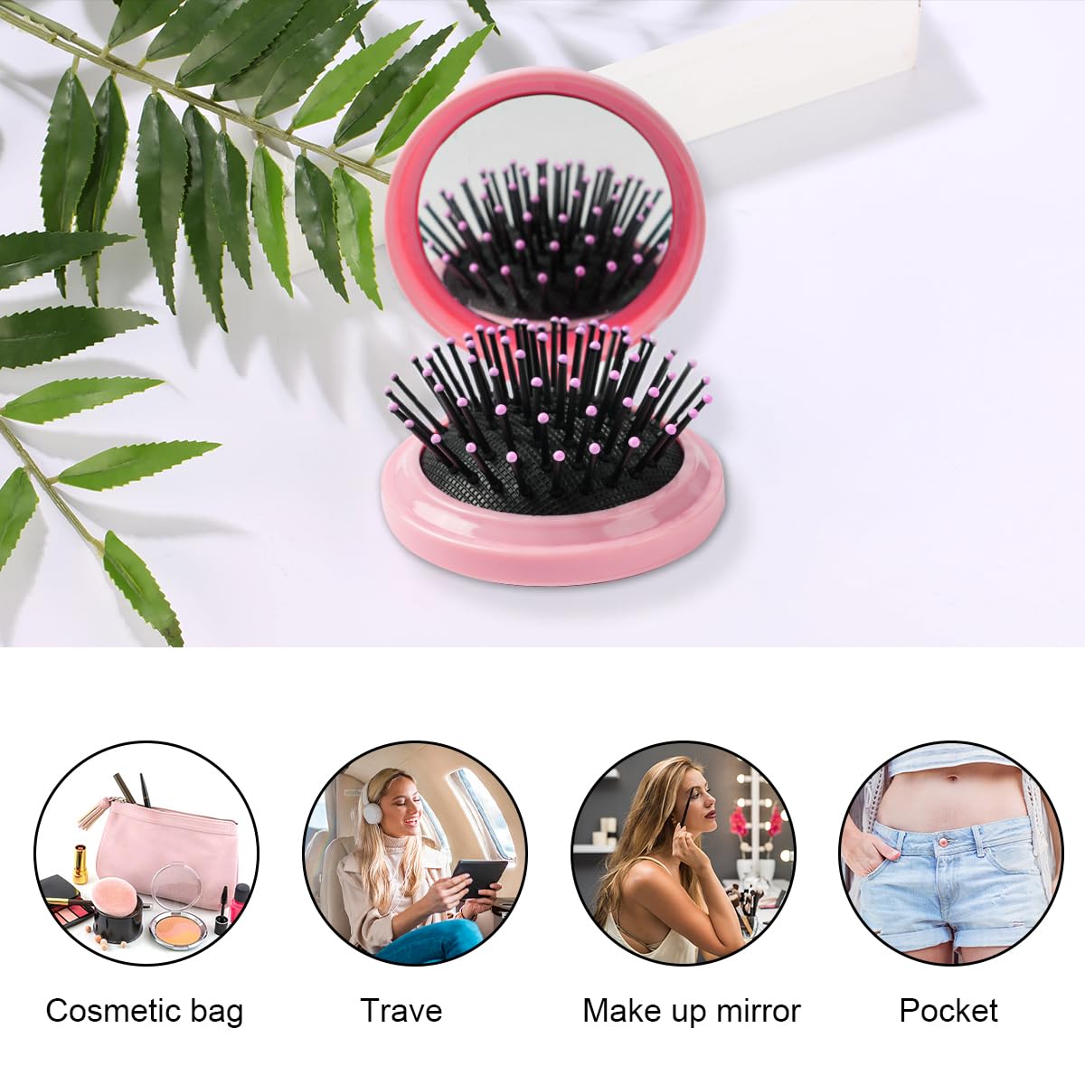 2-Piece Pink Mini Folding Travel Hair Brush Set with Integrated Mirror for Women and Girls - Image 5