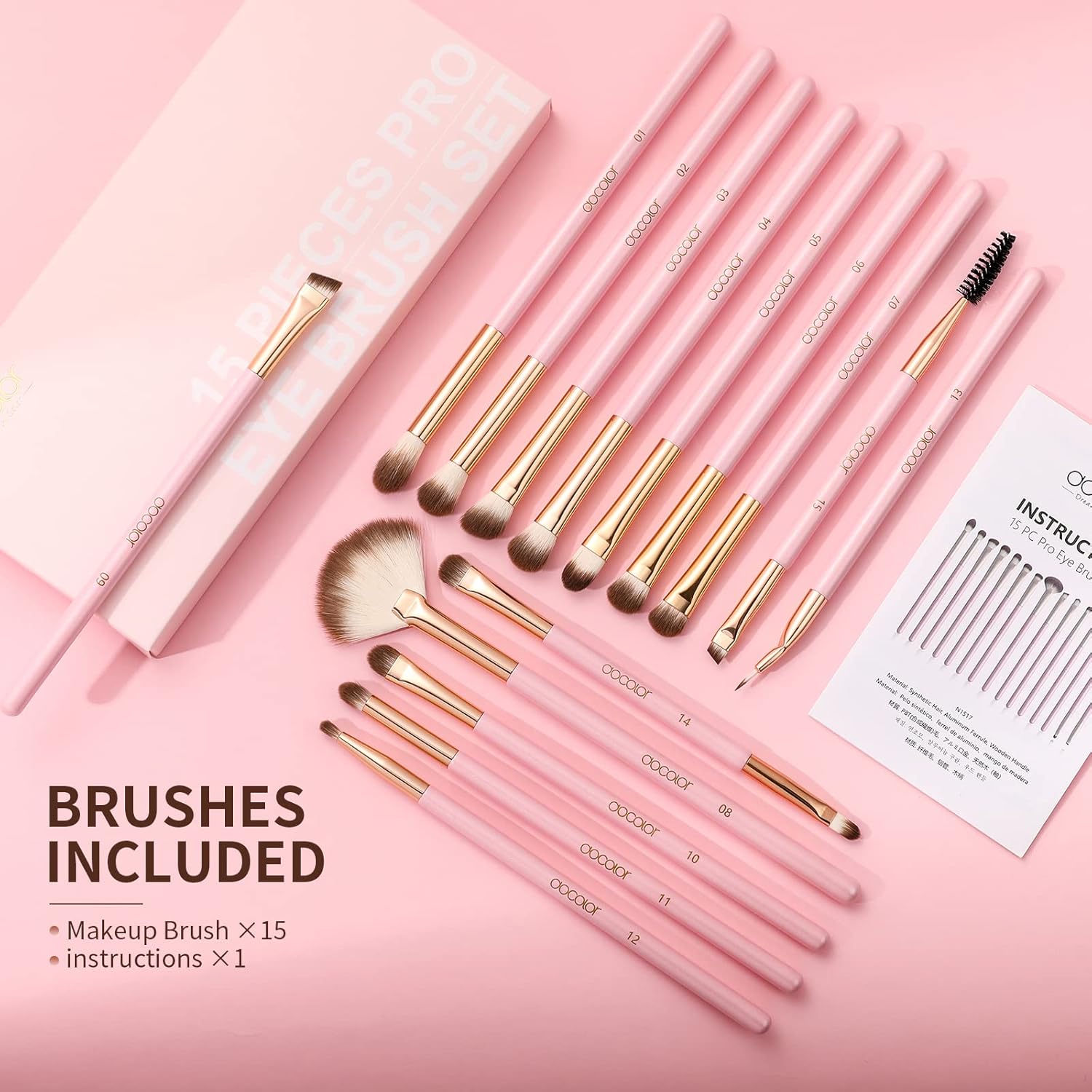 Docolor Pink 15-Piece Soft Synthetic Hair Eye Makeup Brush Set - Image 7