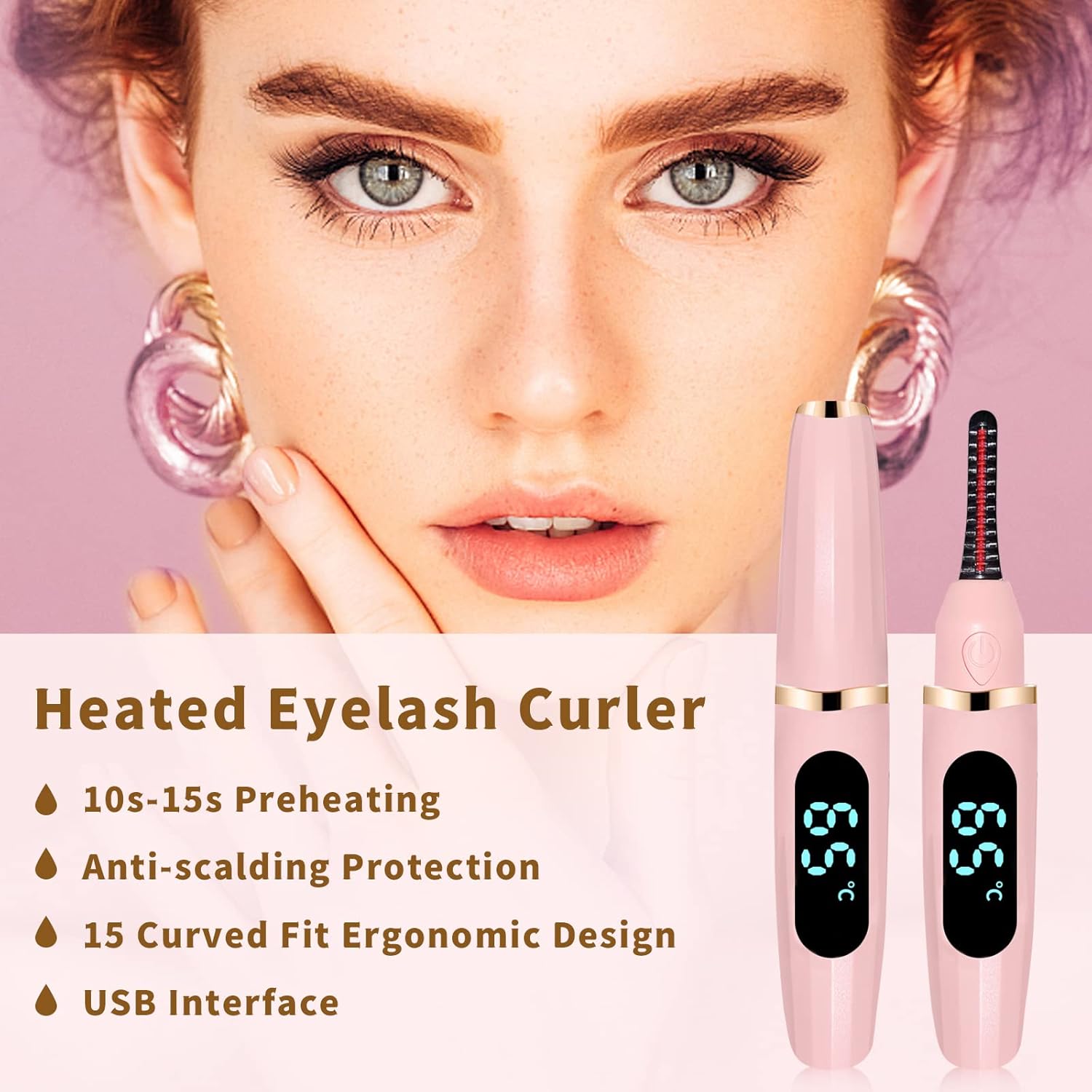 Pink Heated Eyelash Curler with Comb for Natural Curls 3 Temp Settings - Image 2