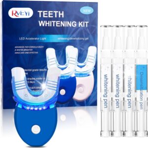 RVEYi Teeth Whitening Kit for Sensitive Teeth with LED Light, 35% Carbamide Peroxide Teeth Whitening Gel Syringes and Remineralizing Gel, Blue