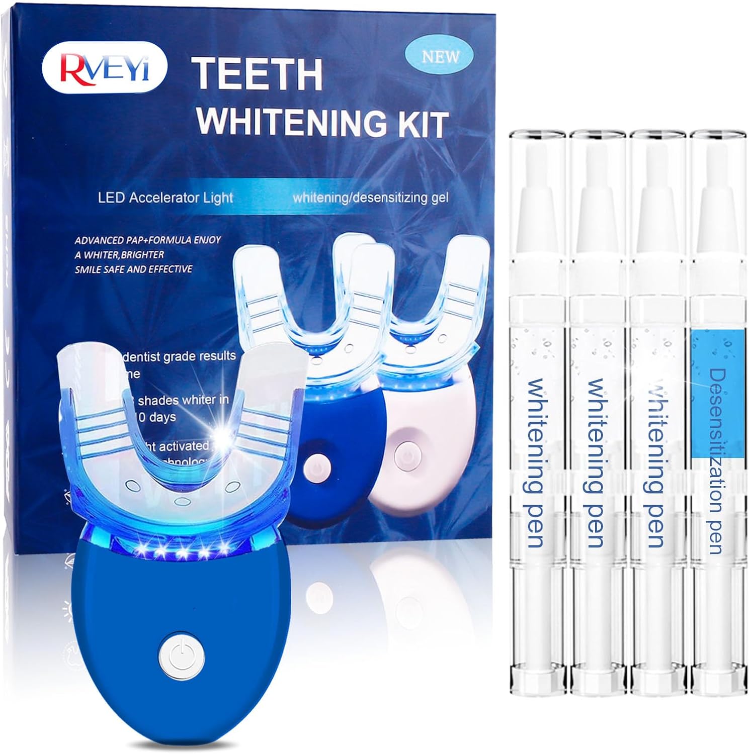 RVEYi Teeth Whitening Kit for Sensitive Teeth with LED Light, 35% Carbamide Peroxide Teeth Whitening Gel Syringes and Remineralizing Gel, Blue