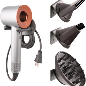 Hair Dryer Holder for Dyson with 3 Attachment Holder Universal Hair Dryer Holder Stand Self Adhesive Aluminum Blow Dryer Holder Rack with Cable and Accessories Storage Gray