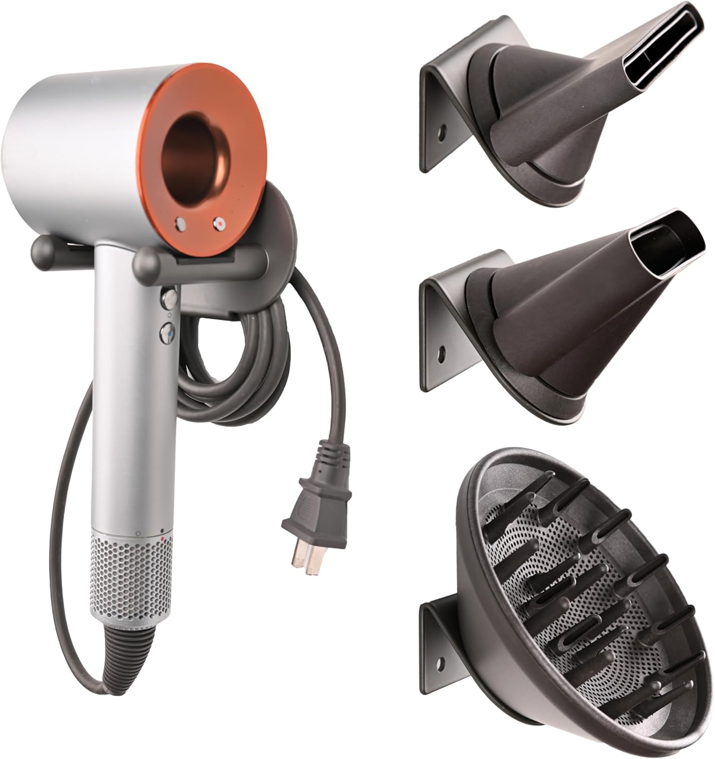 Hair Dryer Holder for Dyson with 3 Attachment Holder Universal Hair Dryer Holder Stand Self Adhesive Aluminum Blow Dryer Holder Rack with Cable and Accessories Storage Gray