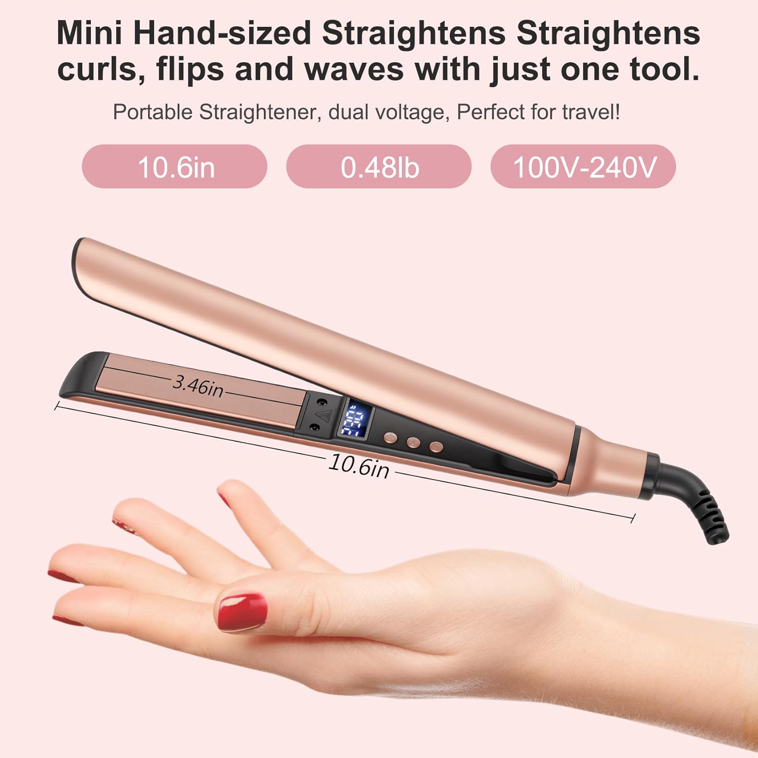 Ceramic Mini Flat Iron for Short Hair and Curls, Dual Voltage Travel Size, Pink - Image 4