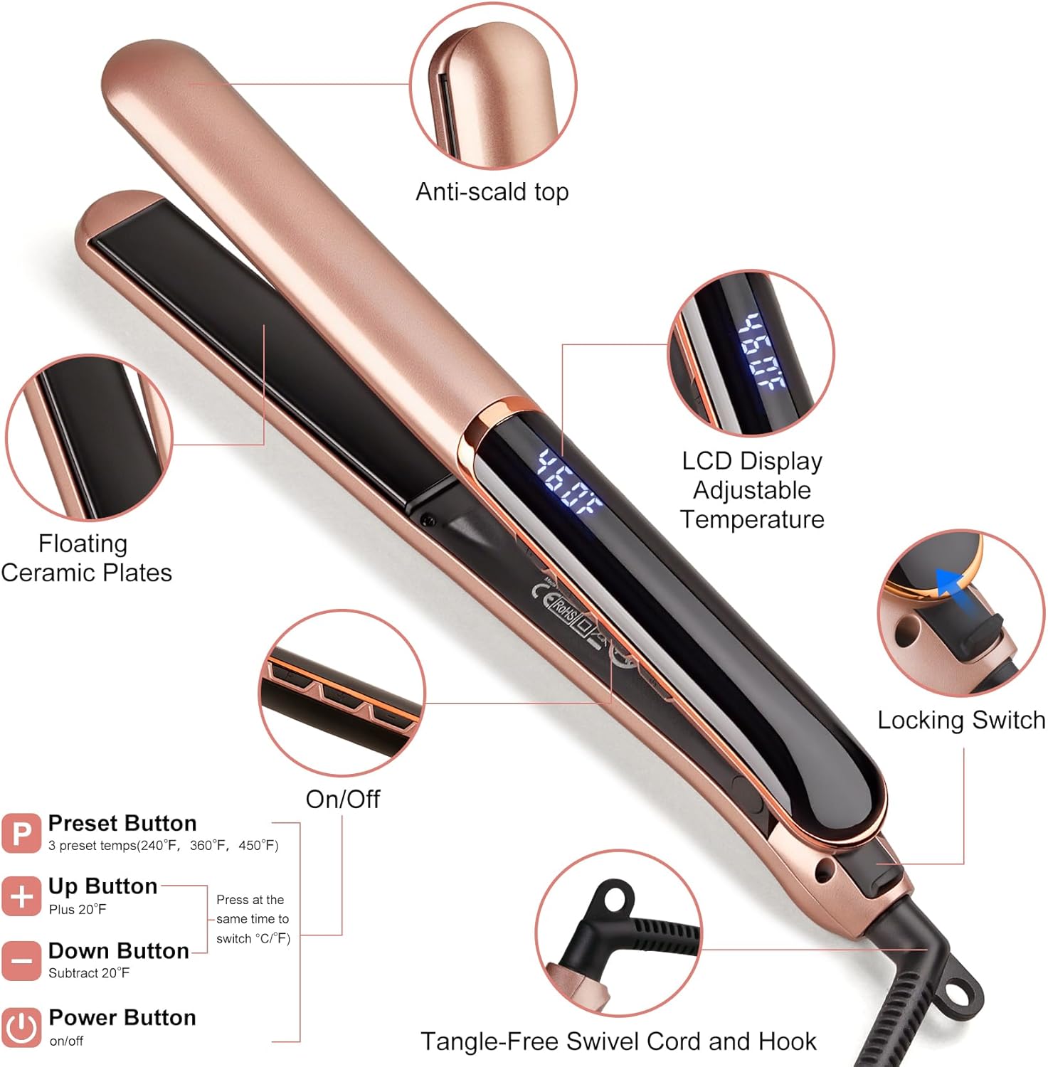 Professional Flat Iron Hair Straightener with Floating Plates and 14 Temp Settings 200-460℉ - Image 6