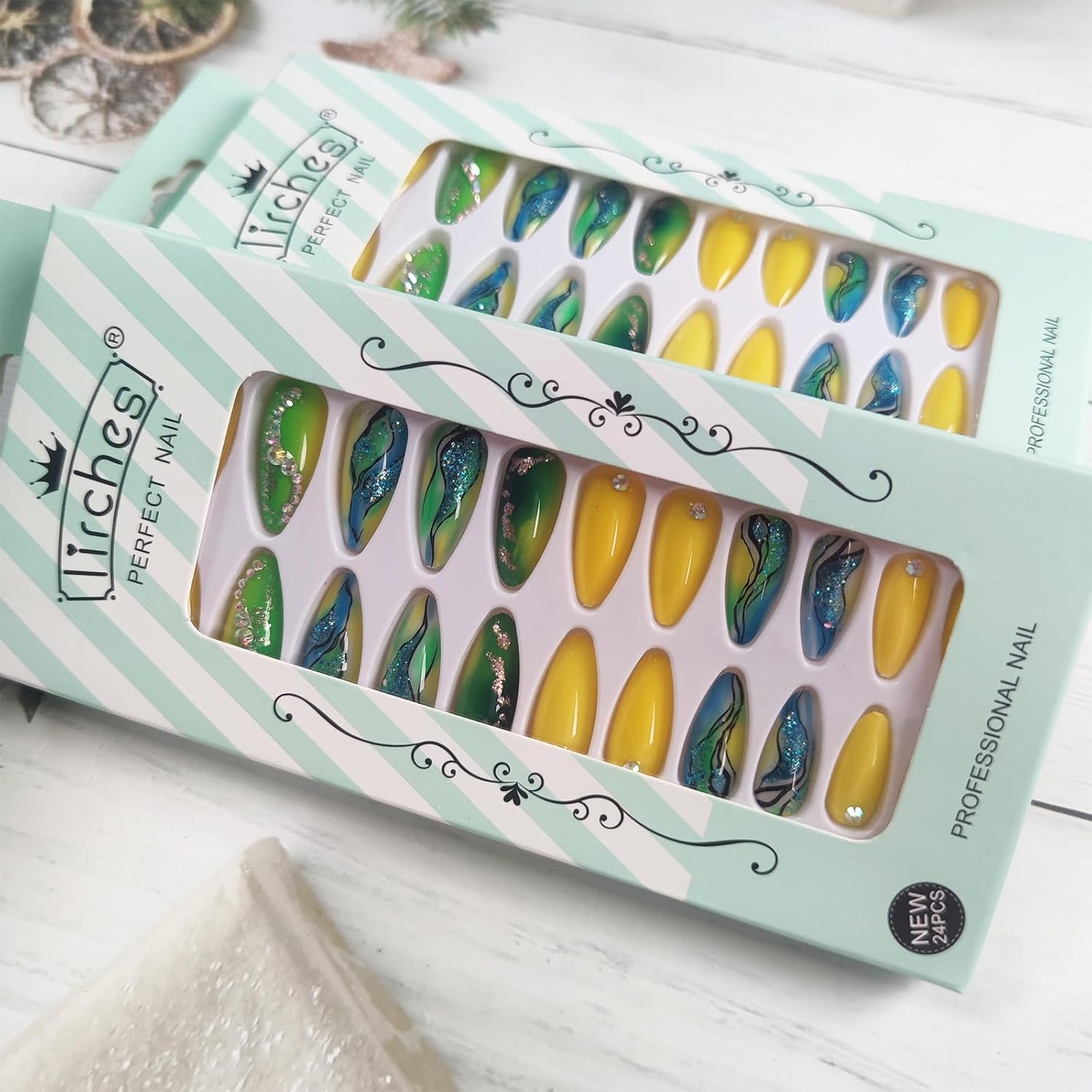 Glossy Green Gradient Medium Almond Marble Press On Nails 24Pcs with Rhinestones - Image 5