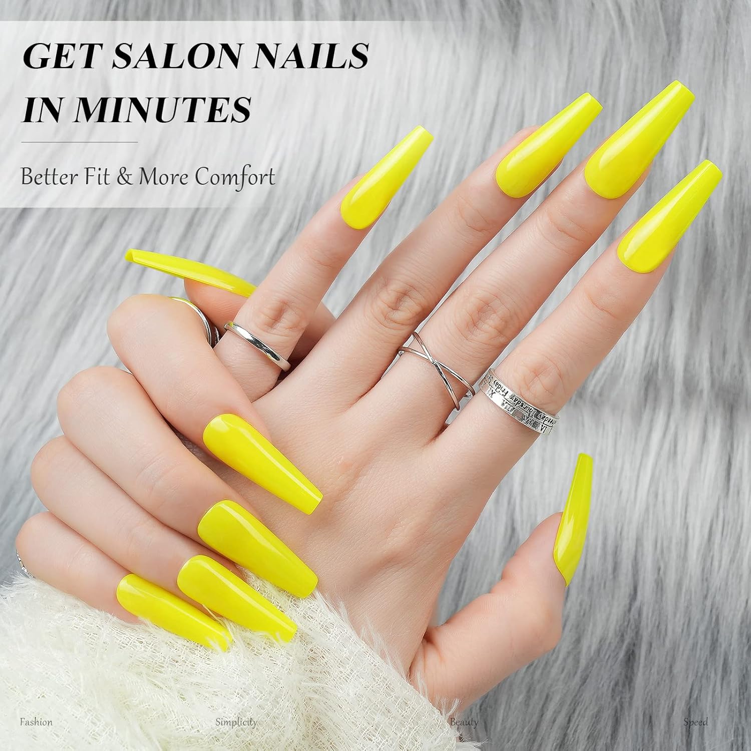 24pcs Long Coffin Press on Nails, Reusable Glossy Acrylic Fluorescent Yellow Nail Tips - Image 3