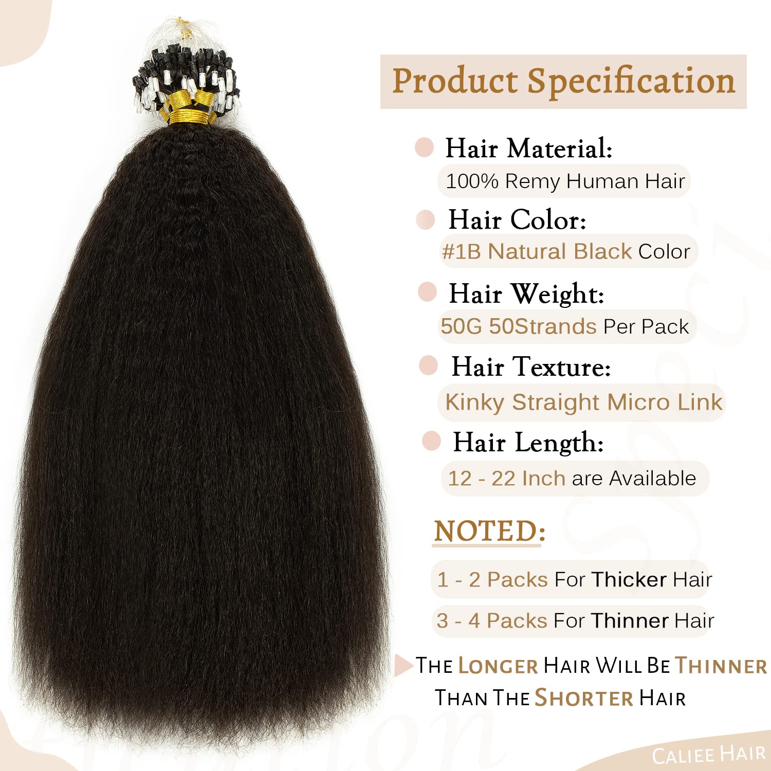 Caliee 16 Inch Microloop Kinky Straight Human Hair Extensions 50g Natural Black 1B Color - Image 2