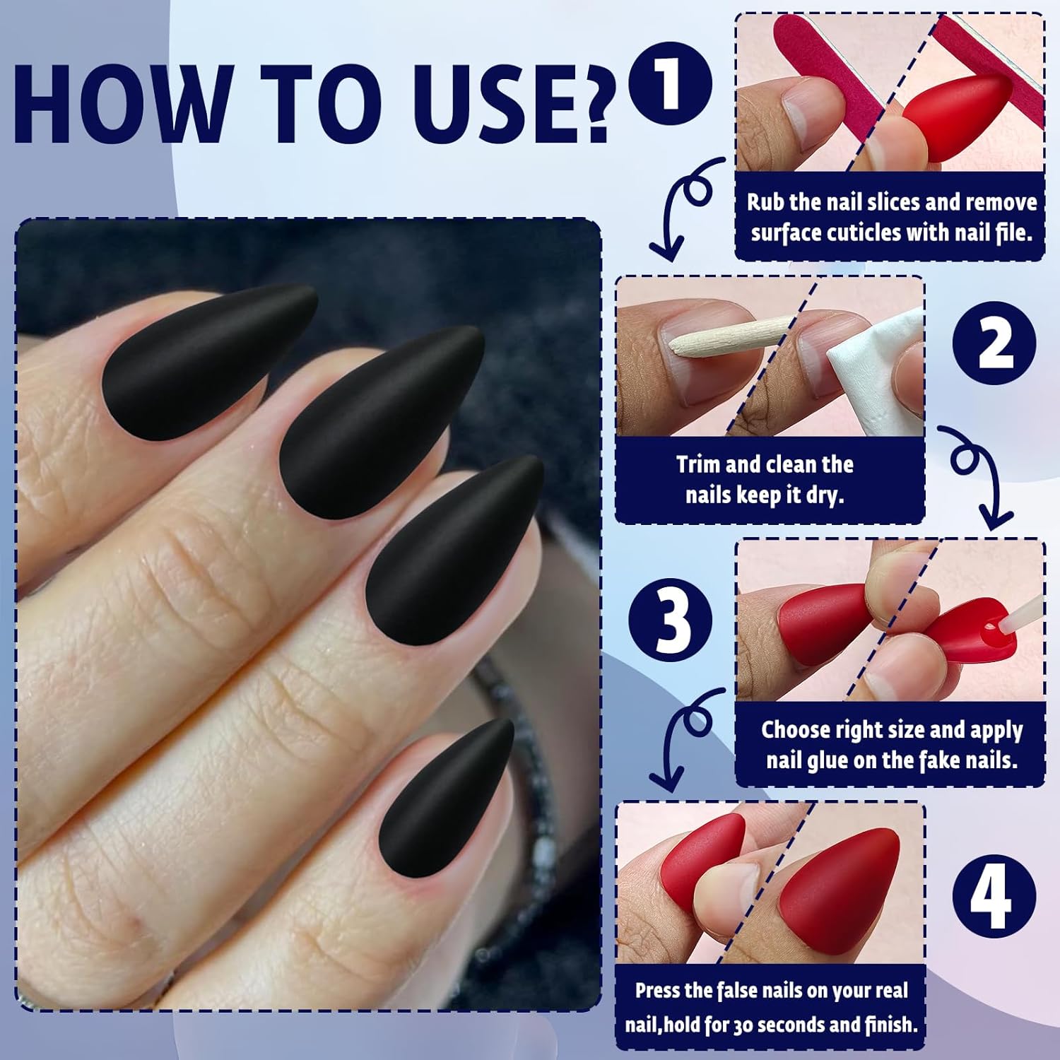 240pc Almond Matte Black Press On Fake Nails Kit for Women & Girls - Image 6