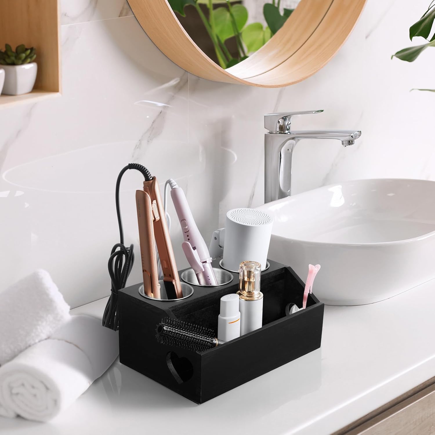 Black Wooden Wall Mount Hair Tool Organizer for Blow Dryer and Curling Wand - Image 6