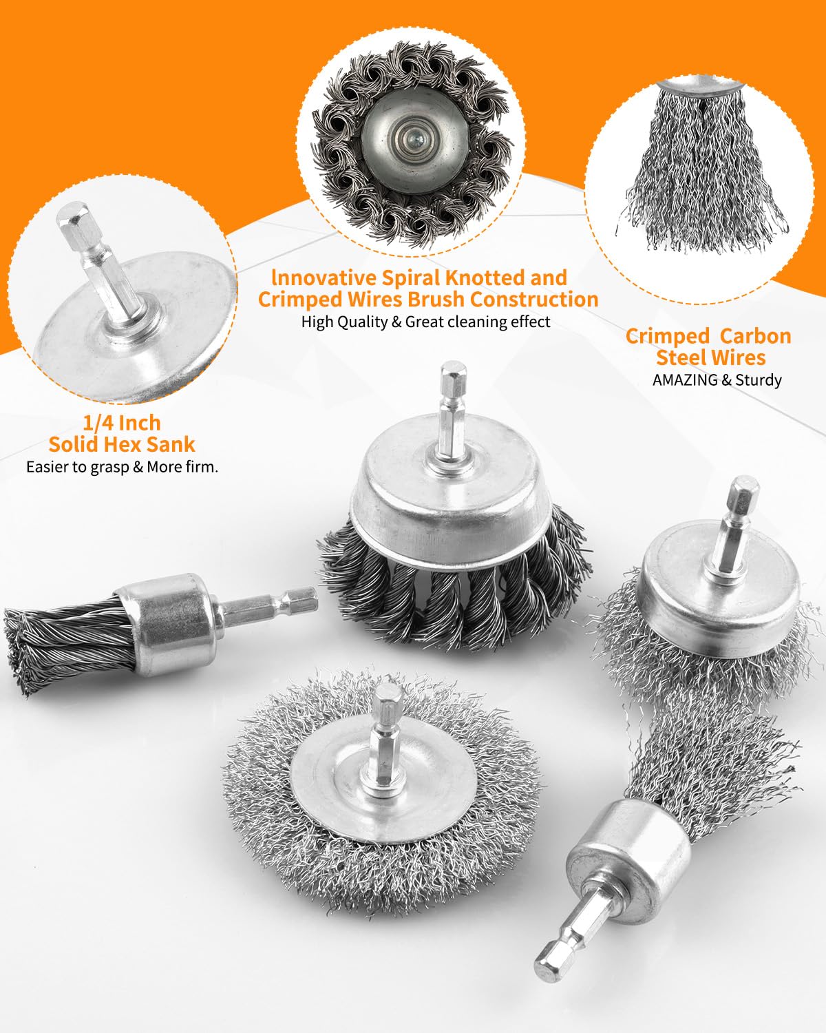 5 Pc Heavy Duty Coarse Carbon Steel Wire Brush Set for Drill with 1/4" Hex Shank - Image 3