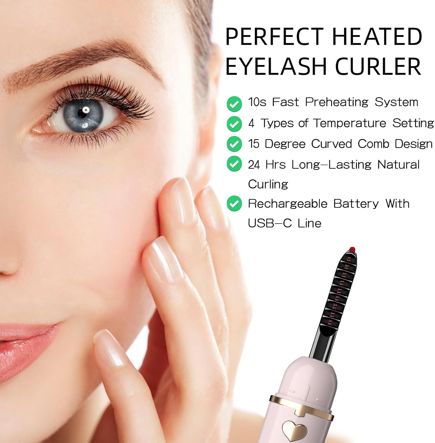 Heated Eyelash Curler Accurate Temperature Control Intelligent Power Off 24Hr Makeup Quartz Pink Champagne Gold - Image 2
