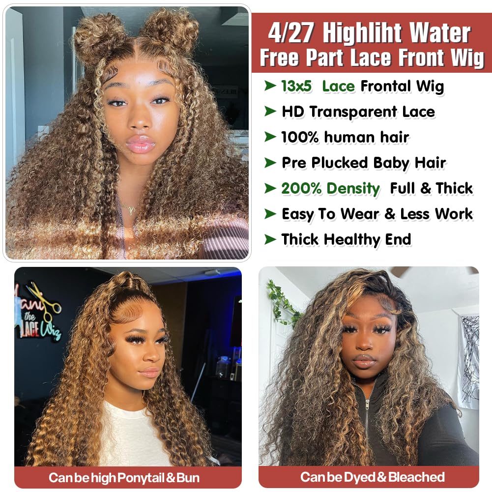 Azibo 26" Honey Blonde Water Wave Ombre 4/27 Highlights HD Lace Front Human Hair Wig 200 Density - Image 6