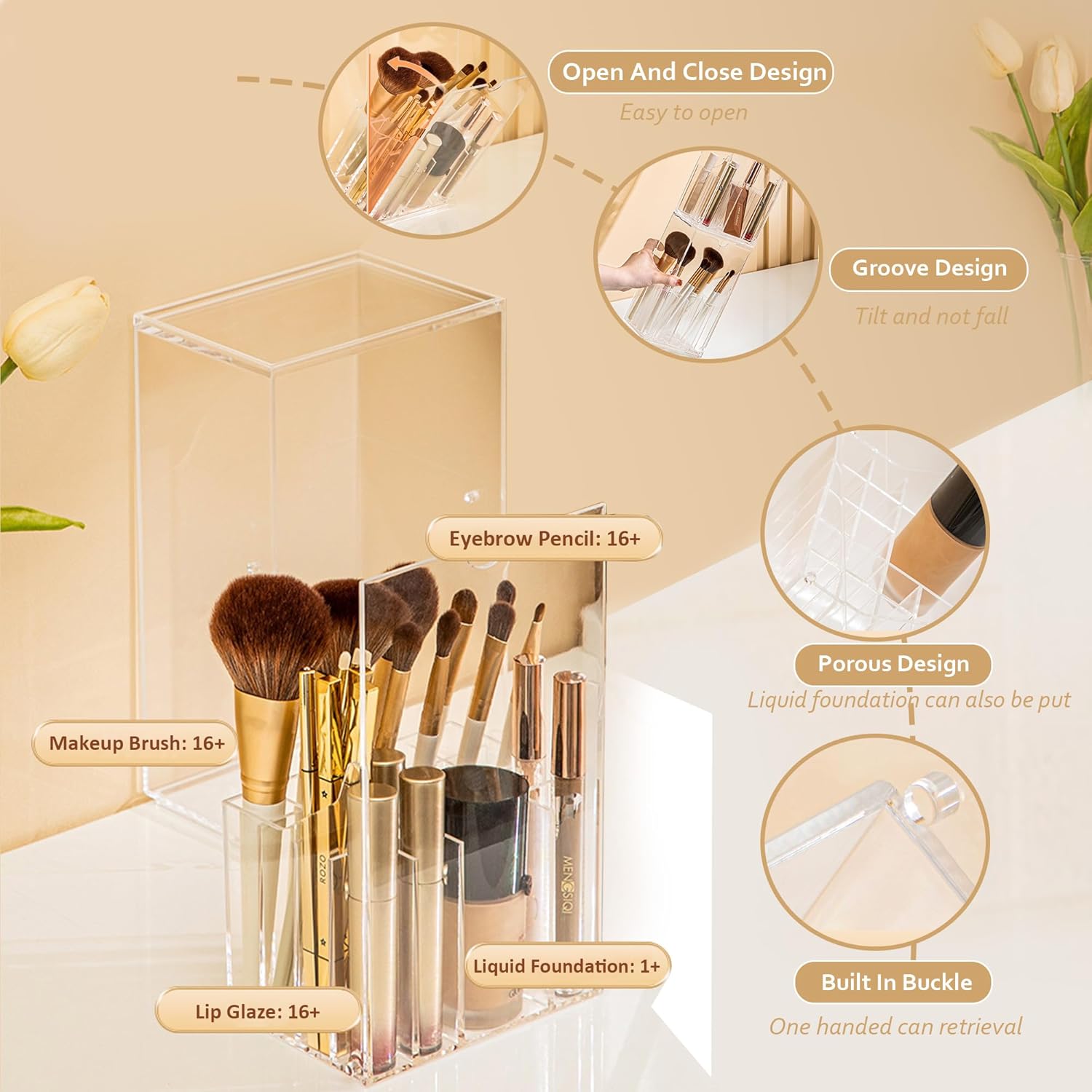Clear Acrylic 17-Slot Makeup Brush Holder Organizer with Lid - Image 4