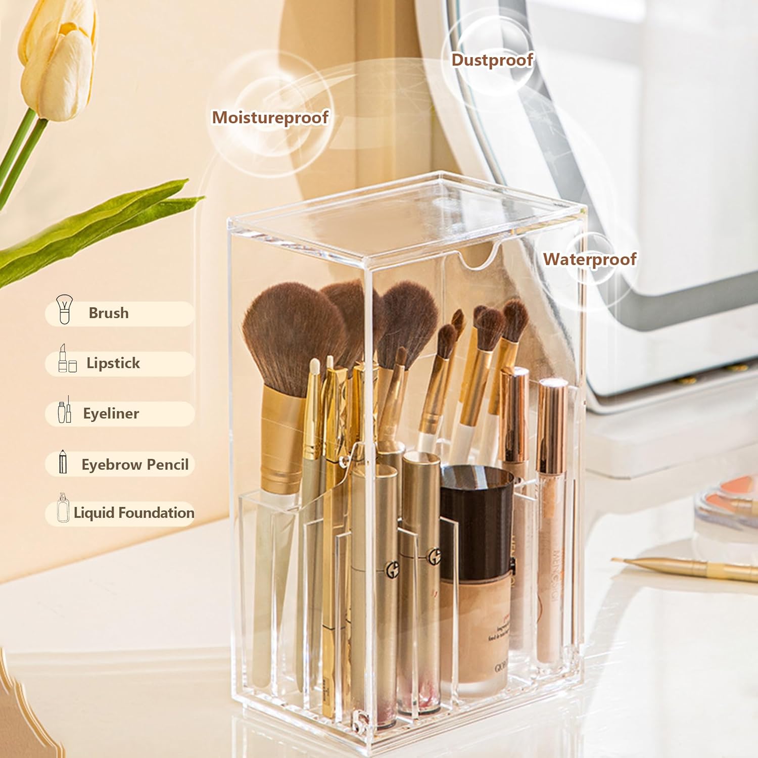 Clear Acrylic 17-Slot Makeup Brush Holder Organizer with Lid - Image 3