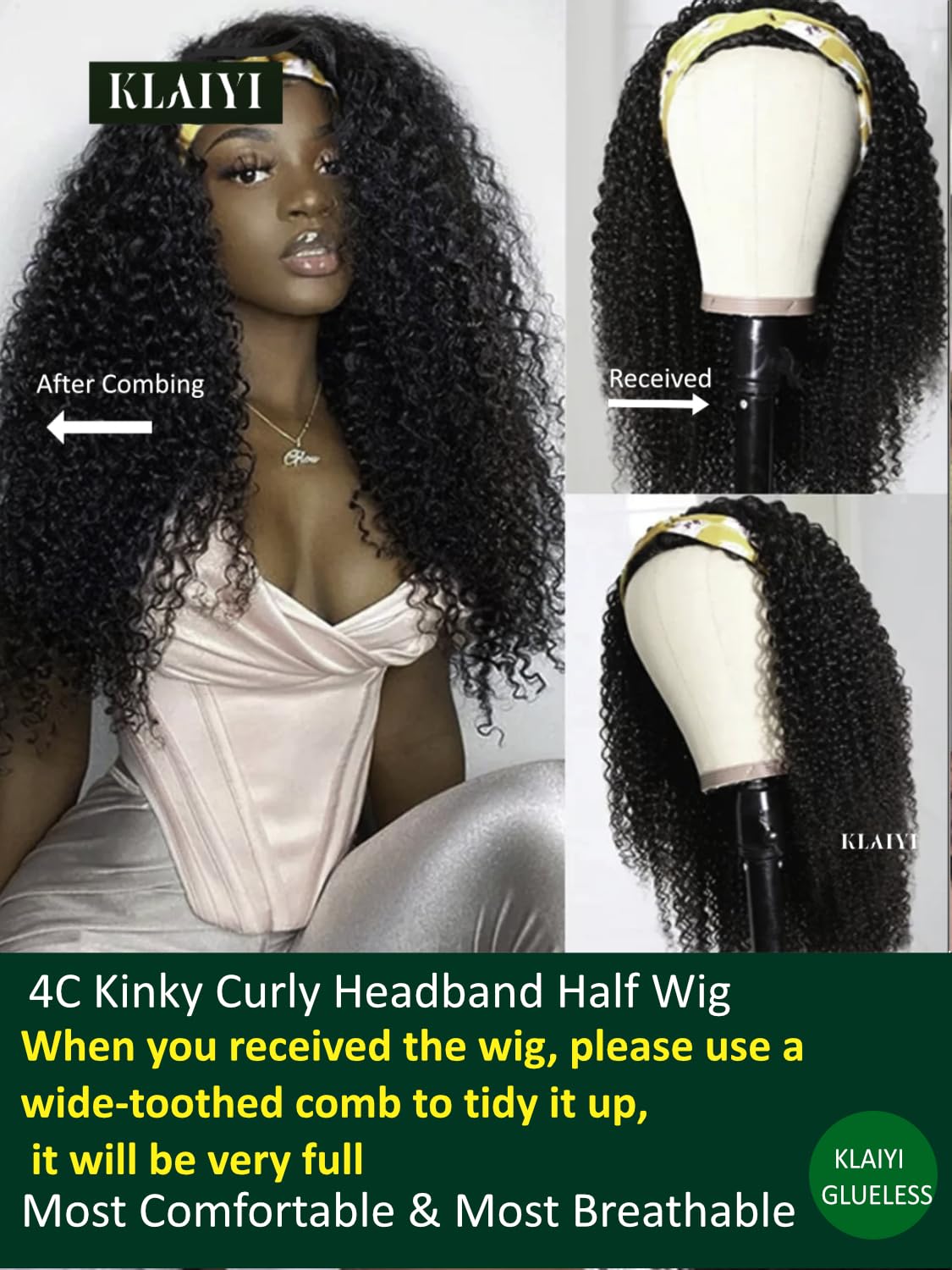 KLAIYI 20-Inch Afro Kinky Curly Human Hair Glueless 3/4 Half Wig - Image 2