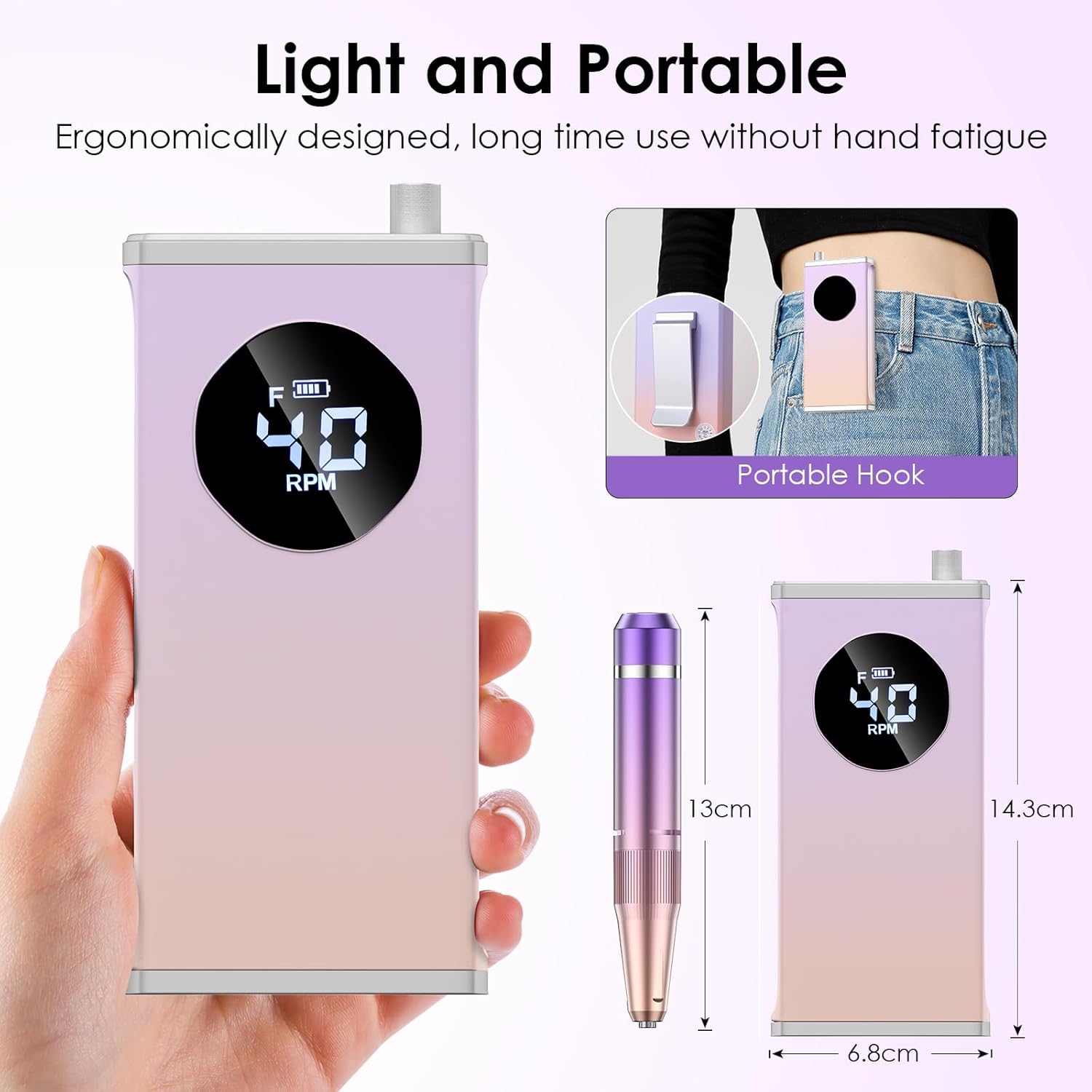Rechargeable Electric Nail Drill 40000RPM E-Filer with 15 Bits Purple - Image 5