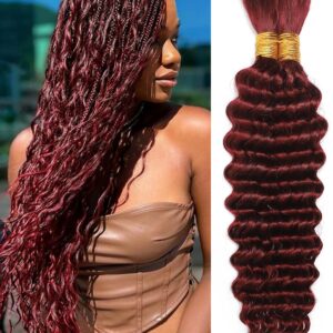 Flagship Human Braiding Hair, Boho Braids Human Hair 2 Bundle 100g 16 Inch Deep Wave Human Hair for Braiding No Weft Curly Braiding Hair for Wet and Wavy Braiding Hair Burgundy Color 99J#
