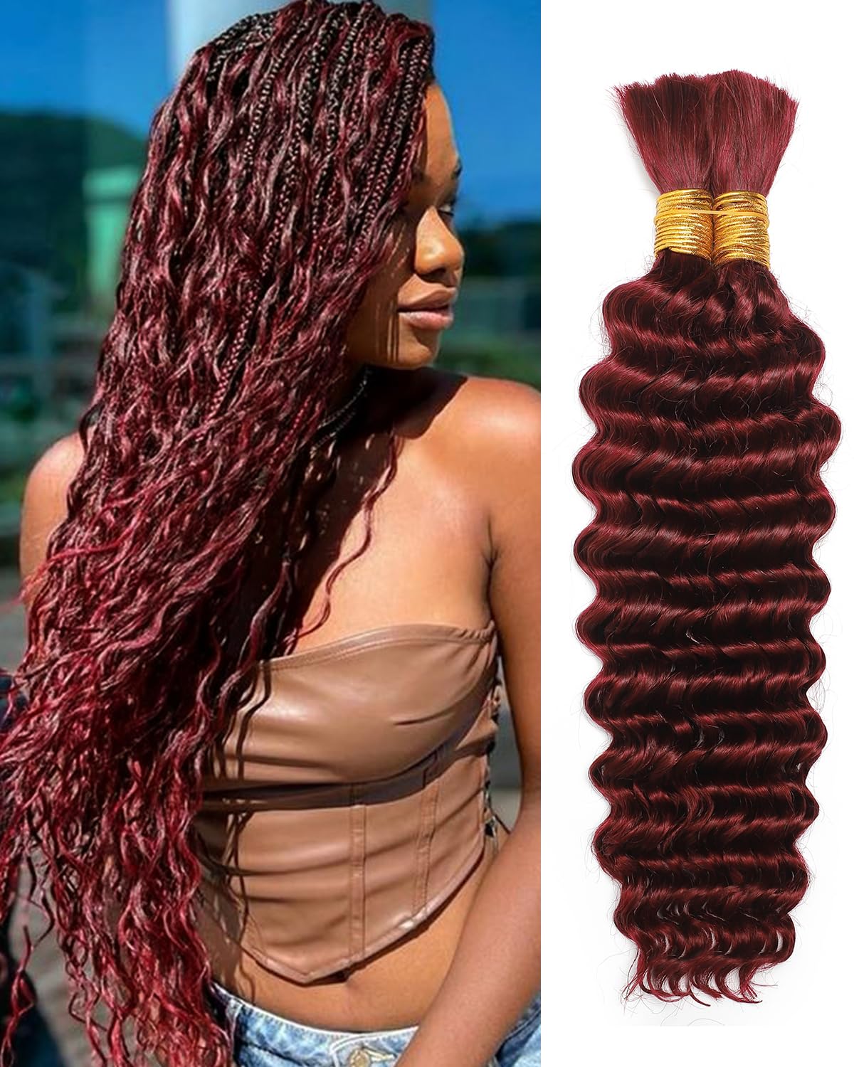 Flagship Human Braiding Hair, Boho Braids Human Hair 2 Bundle 100g 16 Inch Deep Wave Human Hair for Braiding No Weft Curly Braiding Hair for Wet and Wavy Braiding Hair Burgundy Color 99J#