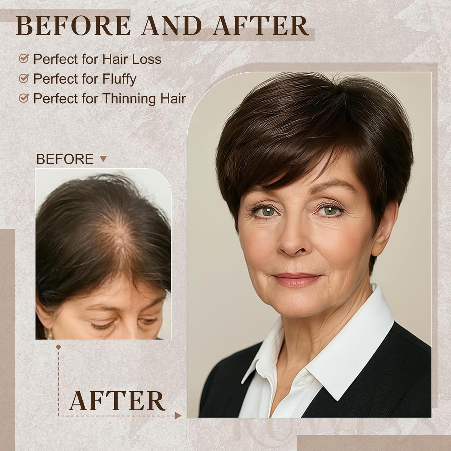 RUWISS Real Human Hair Short Curly Topper 5x5.5 Base Pixie Cut with Bangs Gray White Tips - Image 6