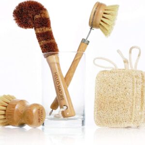 Plant-Based 6pcs Kitchen Brush Set by HELLO NATURE, Sustainable & Biodegradable Natural Fibre Bamboo Dish Brush,Bottle Brush,Pot Brush & 3 Natural Loofah Sponges, Zero-Waste,Plastic Free Kitchen Set