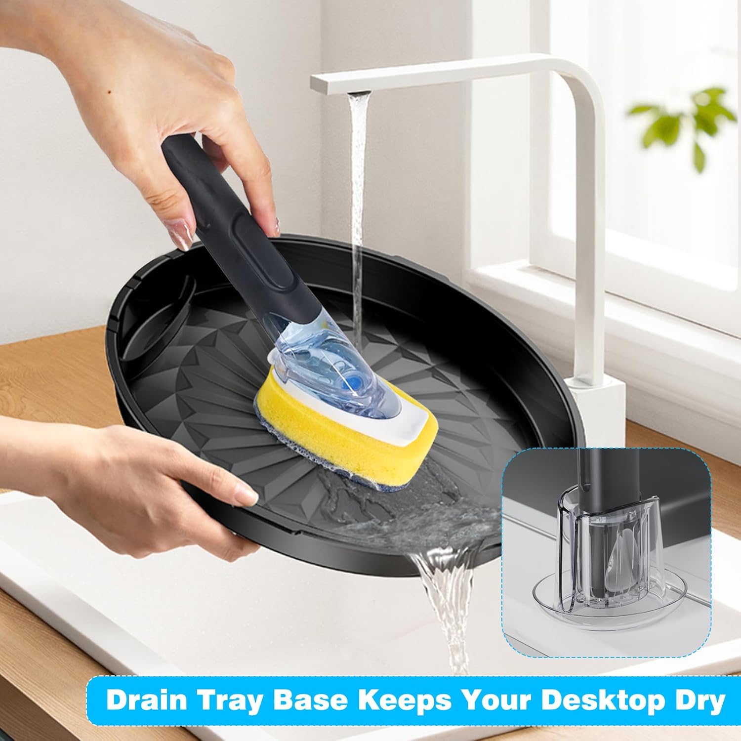 AJXX Dish Brush Set with Integrated Soap Dispenser and Two Replacement Brush Heads Plus Holder - Image 3