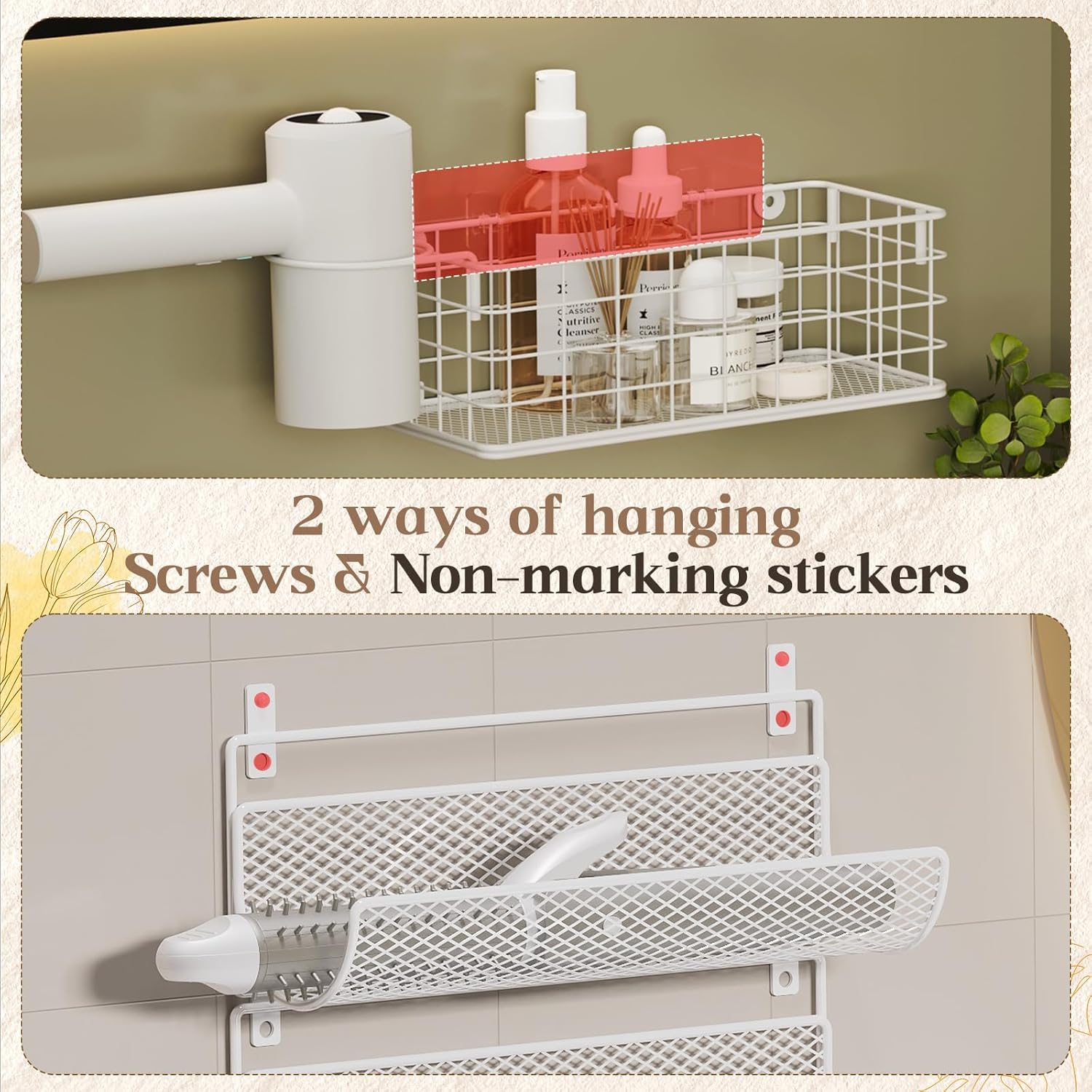 Wall-Mounted Hair Dryer Holder Organizer with 4 Shelves and Hooks for Styling Tools - Image 3