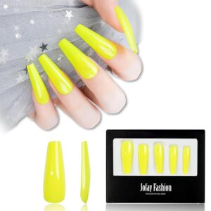 Long Coffin Press on Nails, Jofay Fashion Fake Nails Reusable, Glossy False Nails with Glue, Solid Color Stick on Nails for Women Girls Gift, Acrylic Nail Tips, Fluorescent Yellow, 24pcs
