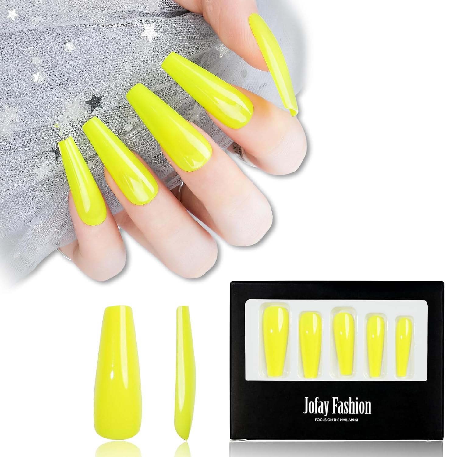 Long Coffin Press on Nails, Jofay Fashion Fake Nails Reusable, Glossy False Nails with Glue, Solid Color Stick on Nails for Women Girls Gift, Acrylic Nail Tips, Fluorescent Yellow, 24pcs