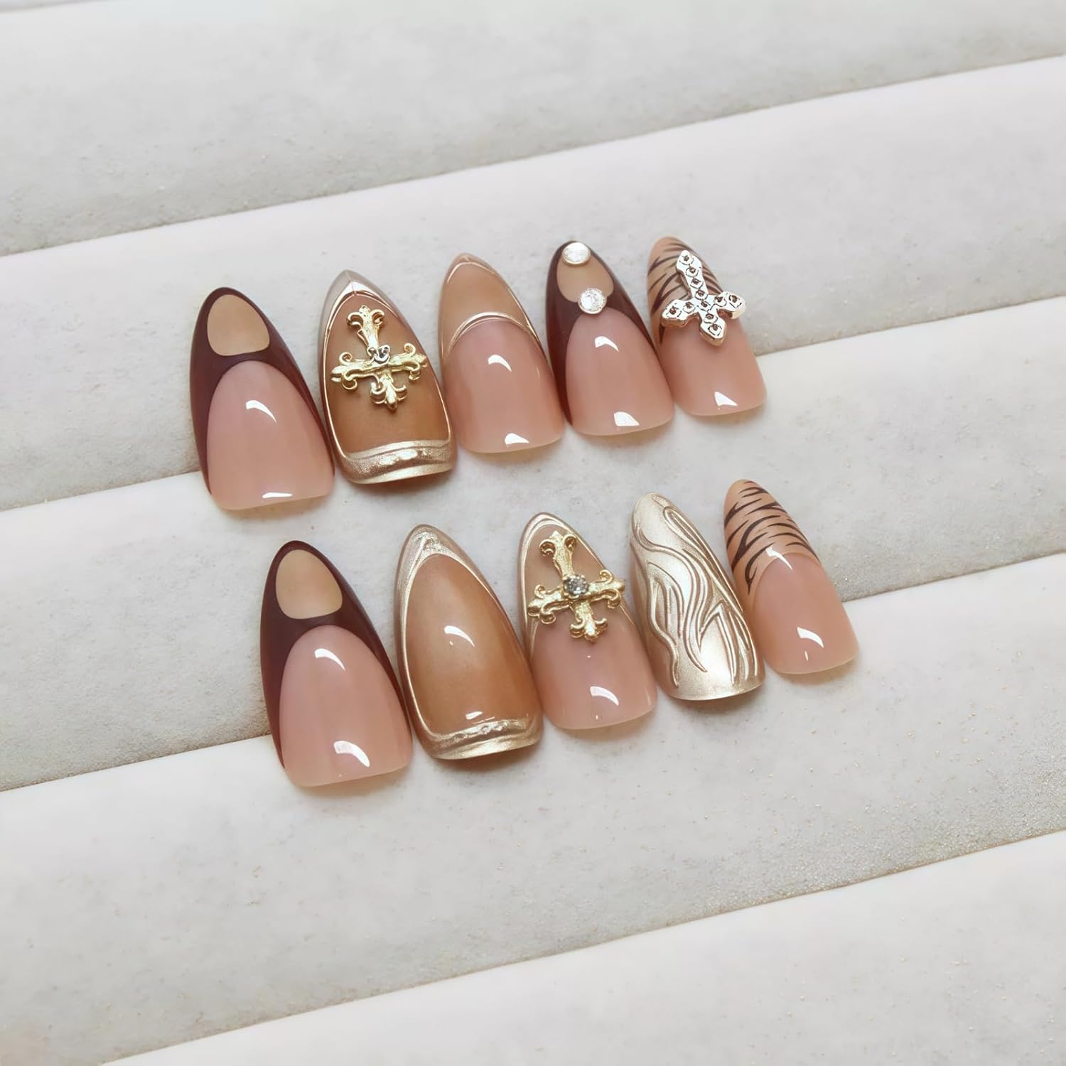 24 Pcs Short Almond French Tip Press On Nails Natural Nude 3D Charms 12 Sizes - Image 3