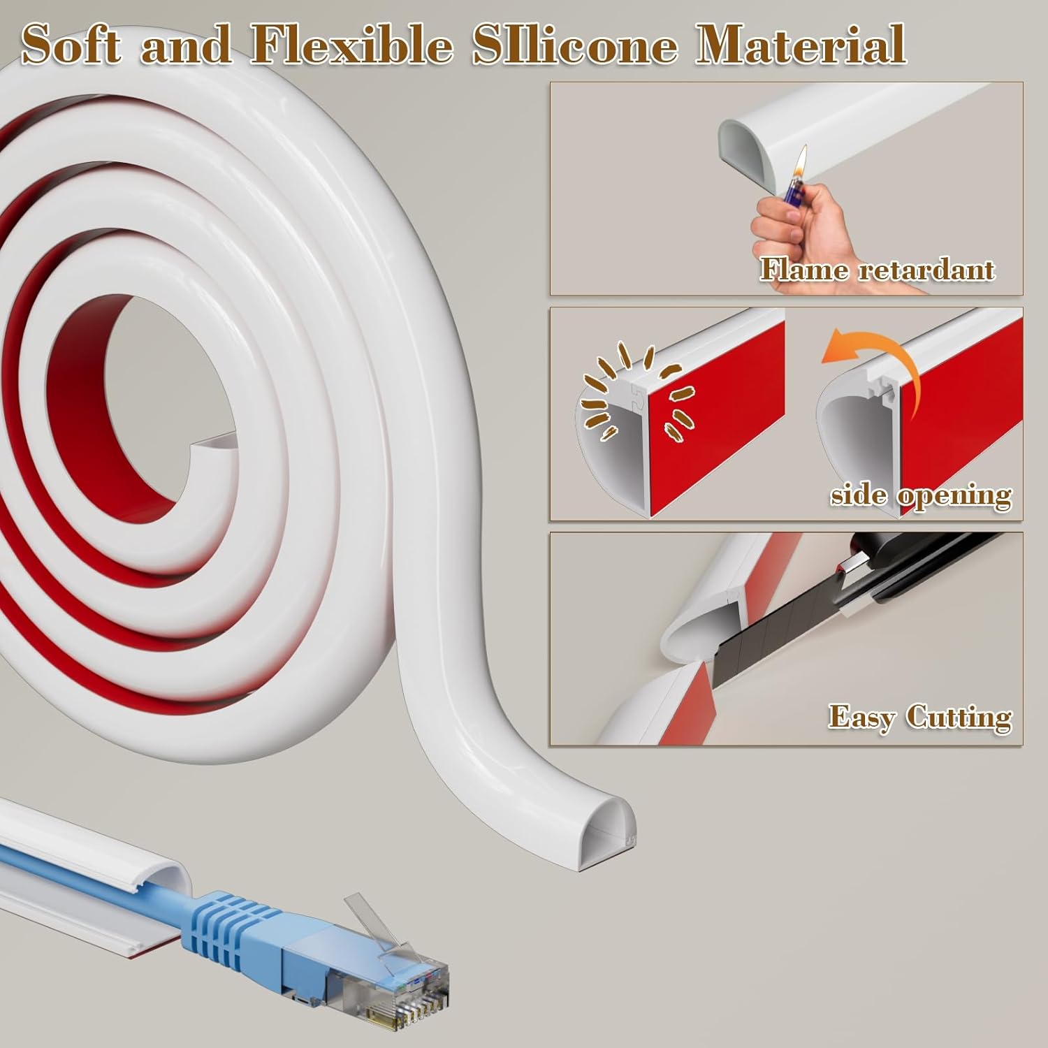 78 Inch Adhesive Cord Hider Cable Concealer for Wall Mounted TV Home Office W0.54 H0.39 - Image 5