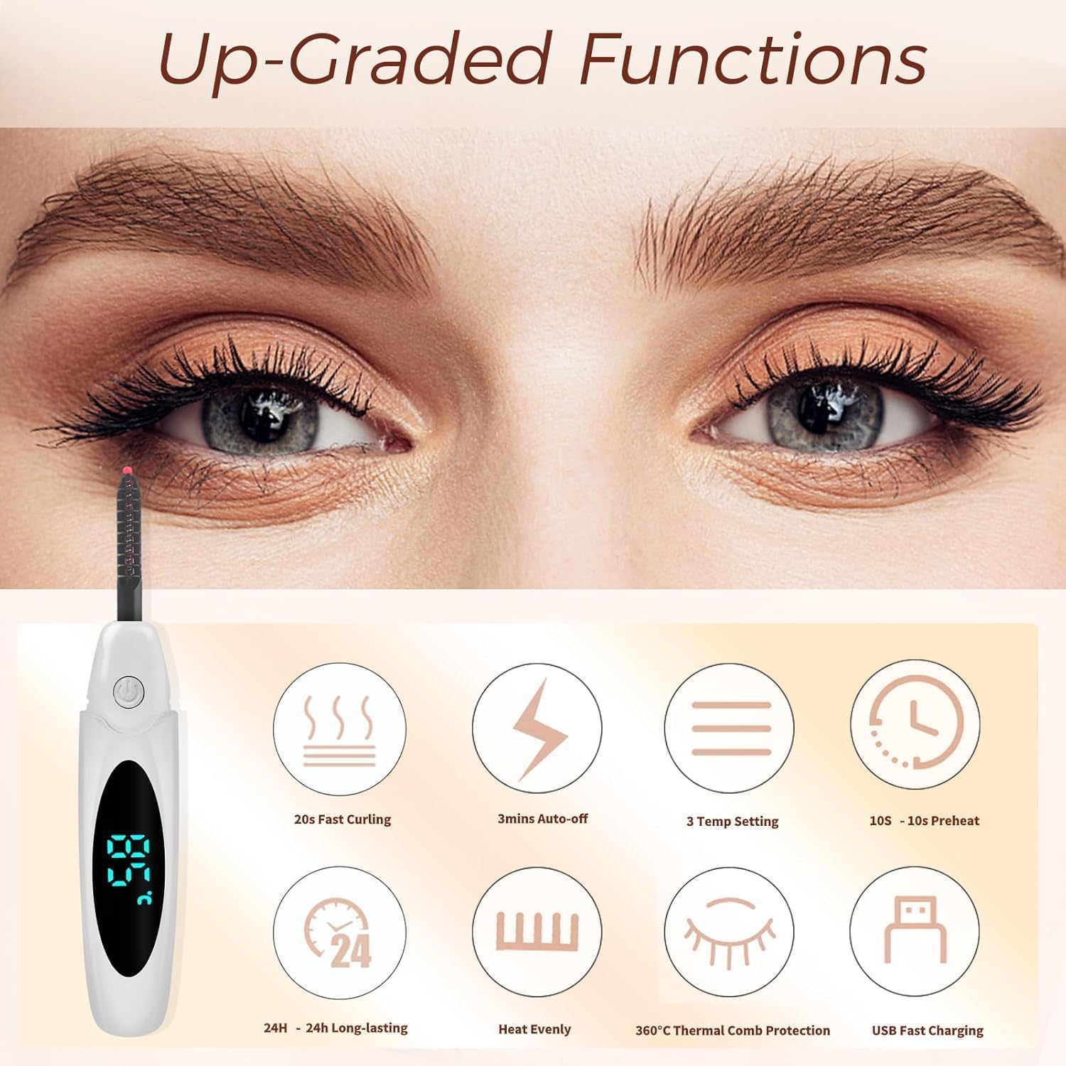 USB Rechargeable Heated Electric Eyelash Curler LED Display 3 Temp Modes 24H Long Lasting - Image 7
