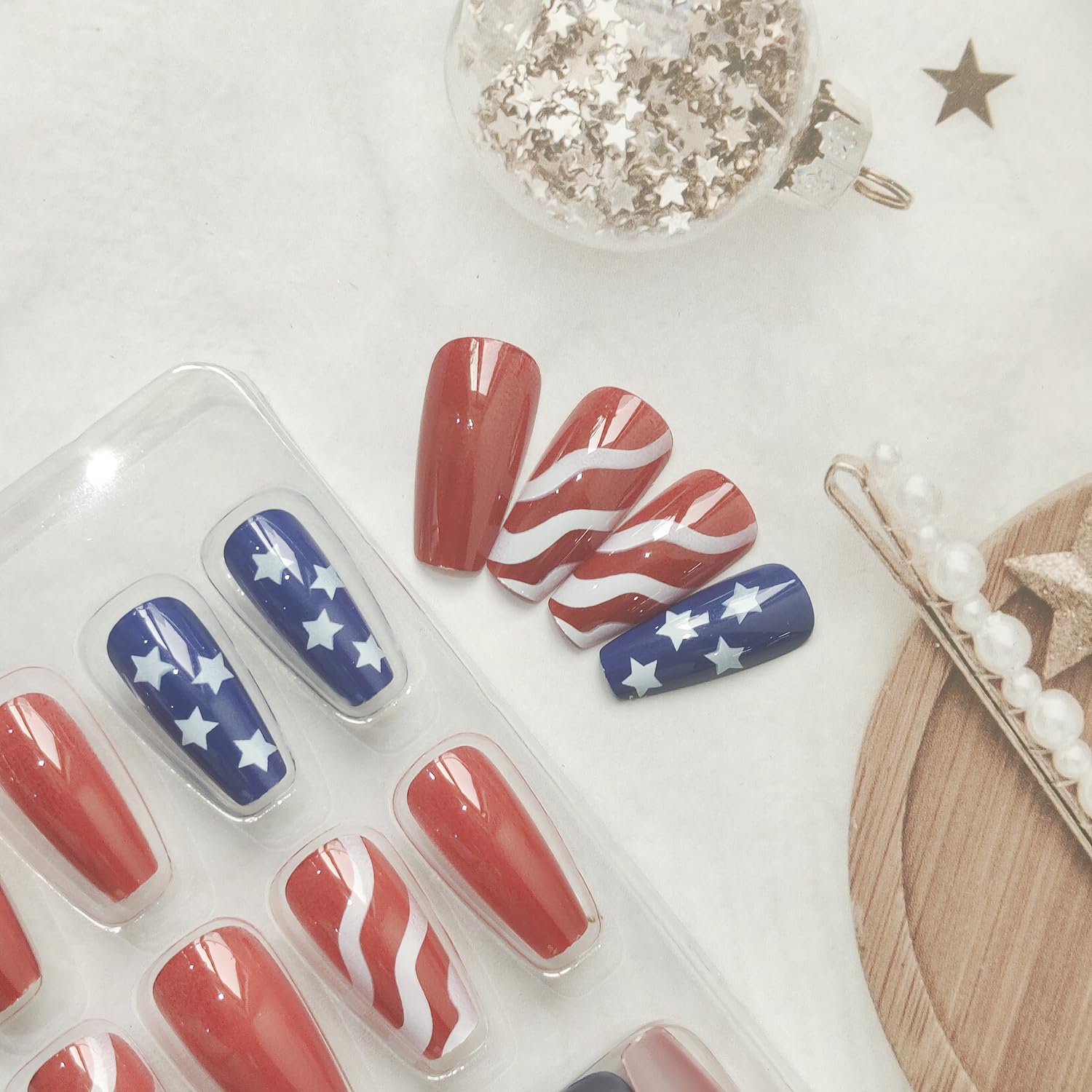 24 Pcs Medium Coffin Press on Nails with American Flag Design for 4th of July - Image 5