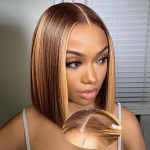 Wear and Go Highlight Glueless Lace Front Wigs Human Hair Pre Plucked Ombre Lace Front Wig Human Hair Honey Blonde 7x5 Lace Front Wig Pre Plucked with Elastic Band for Women 16inch